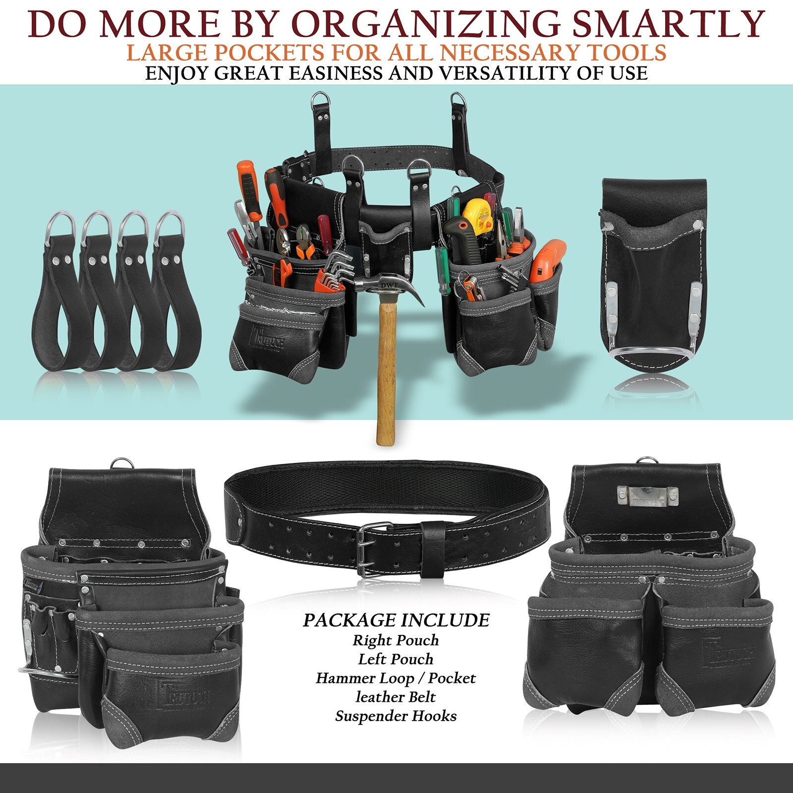 Trutuch Leather Carpenter Tool Belt | 18 Pockets | Framers Tool Belt | Handyman