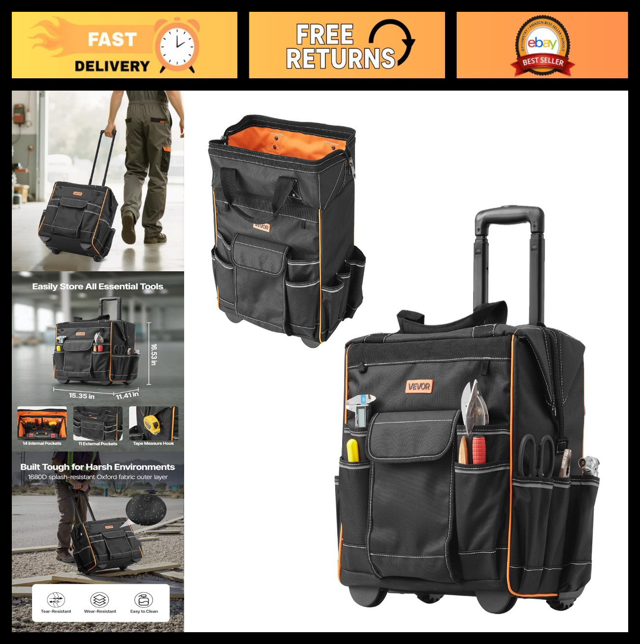15″ Heavy Duty Rolling Tool Bag on Wheels, 110 lbs Capacity, 25 Pockets, Telesco