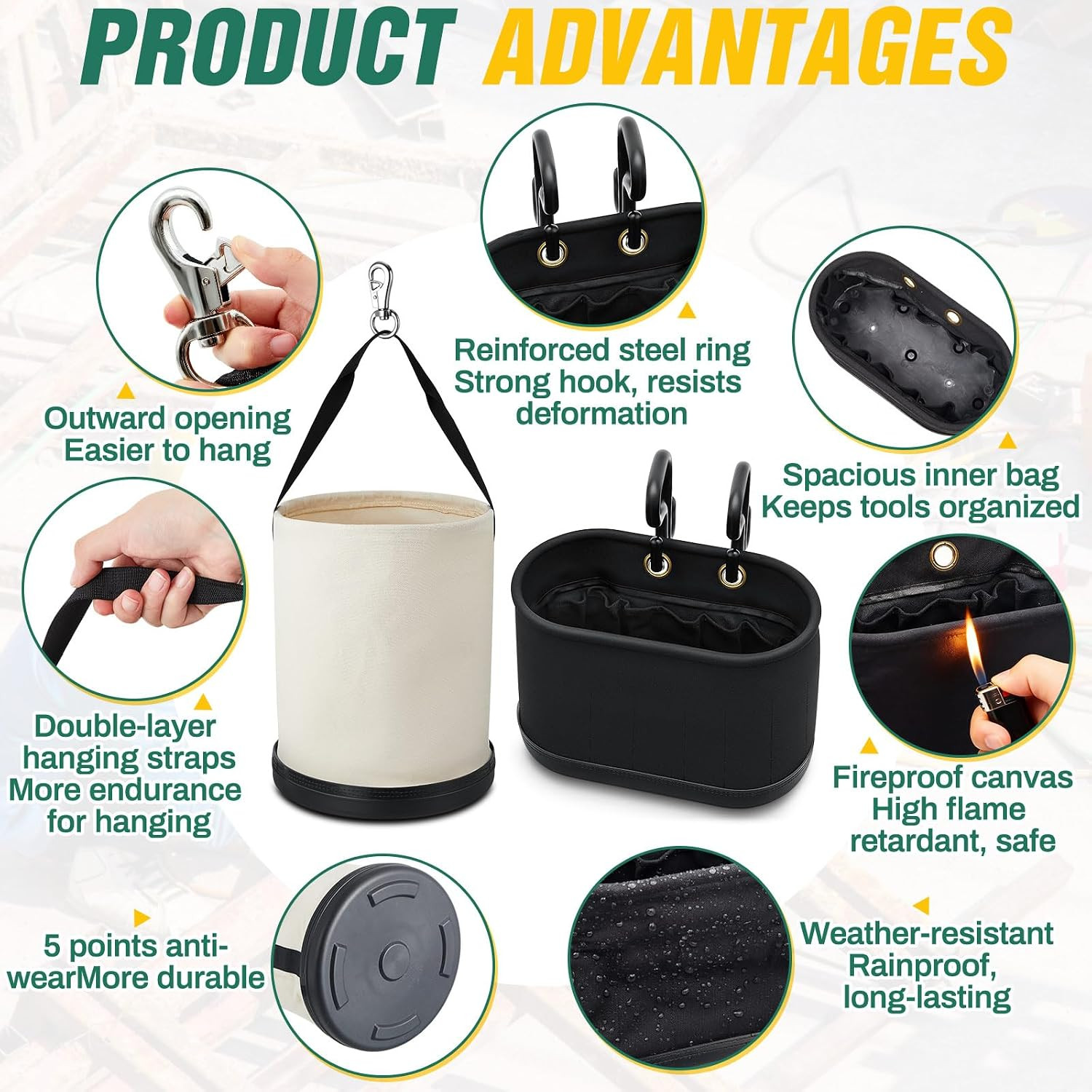 2 Pack Canvas Bucket & Oval Tool Bag, Bucket Tool Organizers with Reinforced Bot