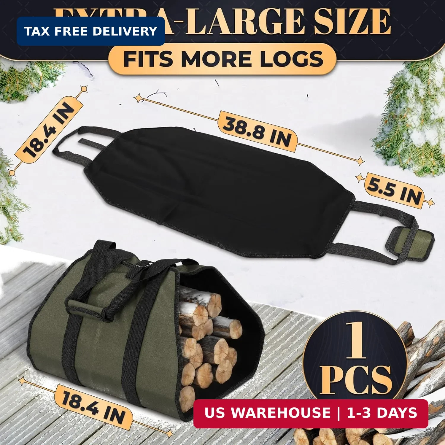 Water-Resistant Firewood Carrier Bag – 39.4″x18.5″ Waxed Canvas Log Carrier for