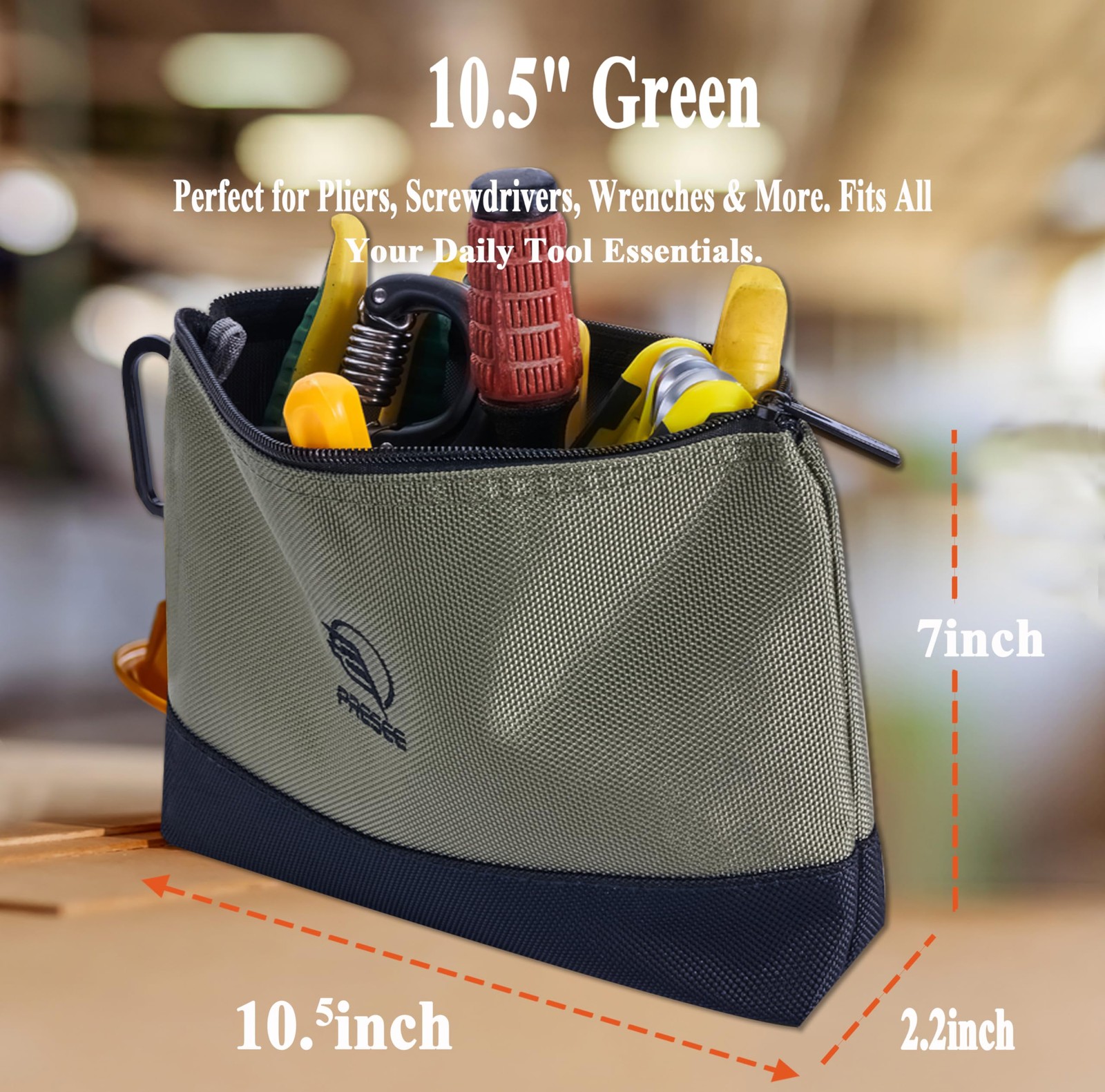 10.5 Inch Green Small Tool Pouch Zipper Bag Organizer 1680D Nylon Carabiner