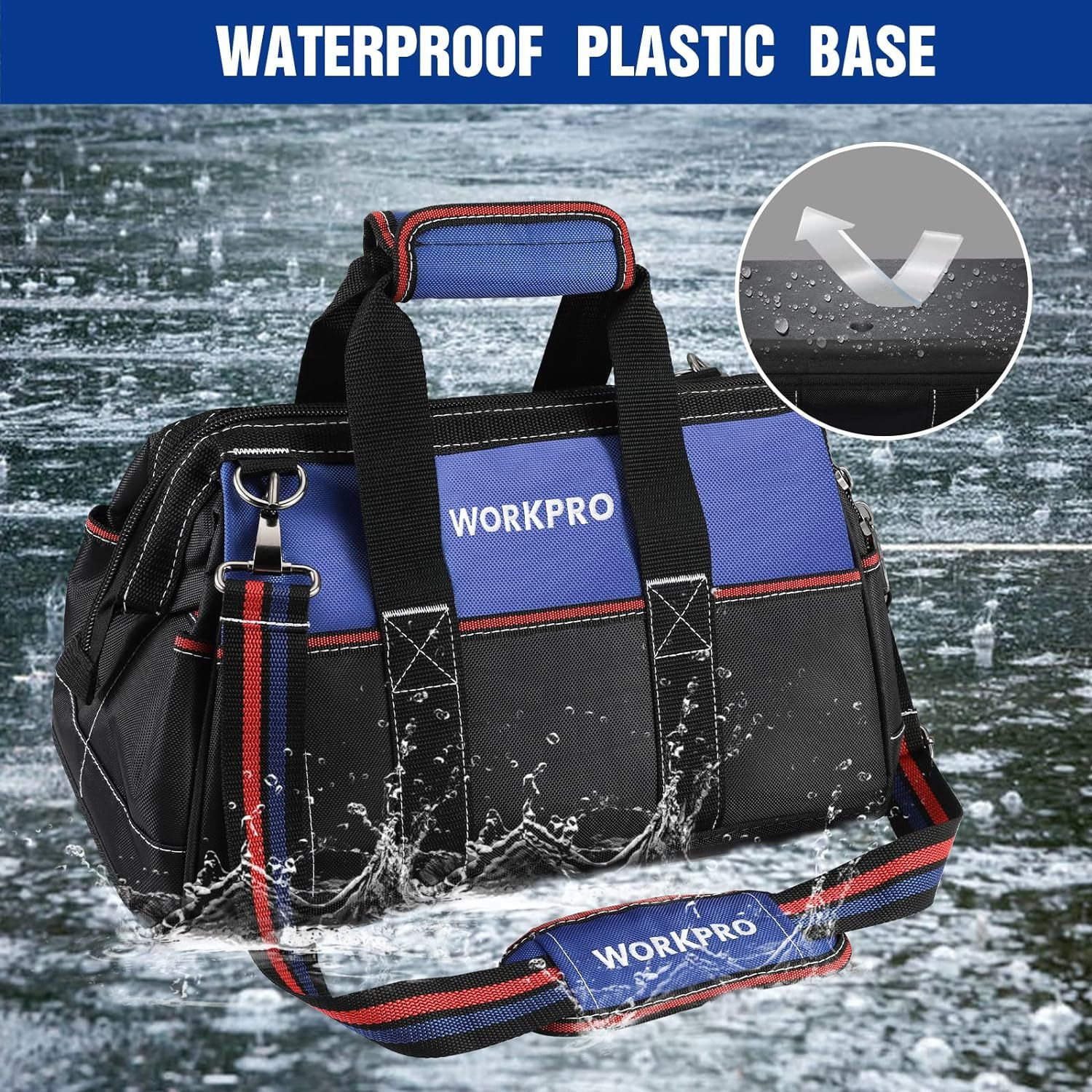 WORKPRO 16-inch Wide Mouth Tool Bag, Heavy Duty Cloth Black, Blue, Red