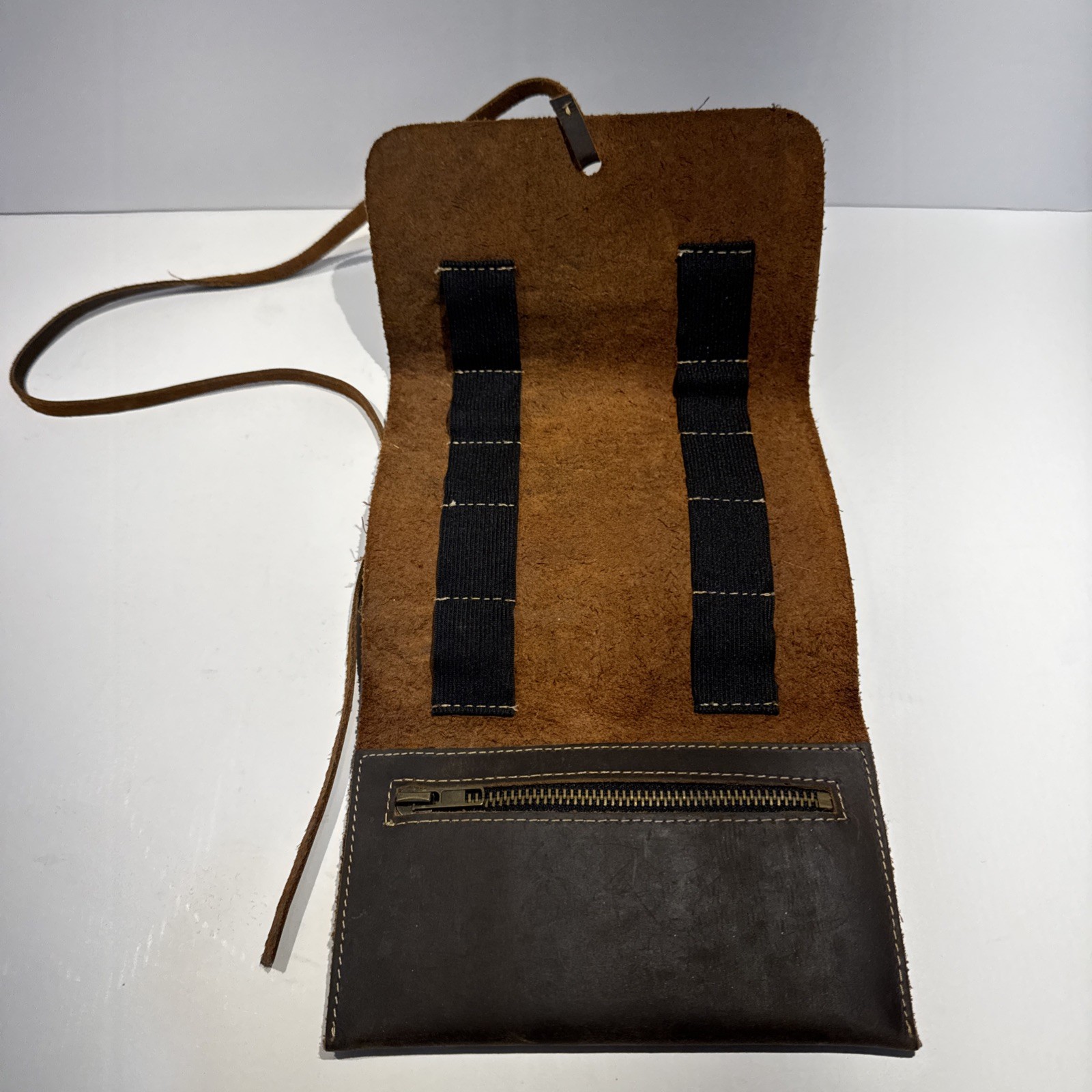 Handcrafted Brown Leather Tool Roll Zippered Pouch And Elastic Slots 14.5×7
