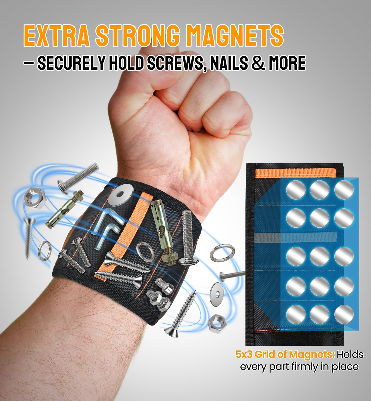 HiRui Magnetic Wristband for Tools – Ultra-Strong 15 One Size, Black