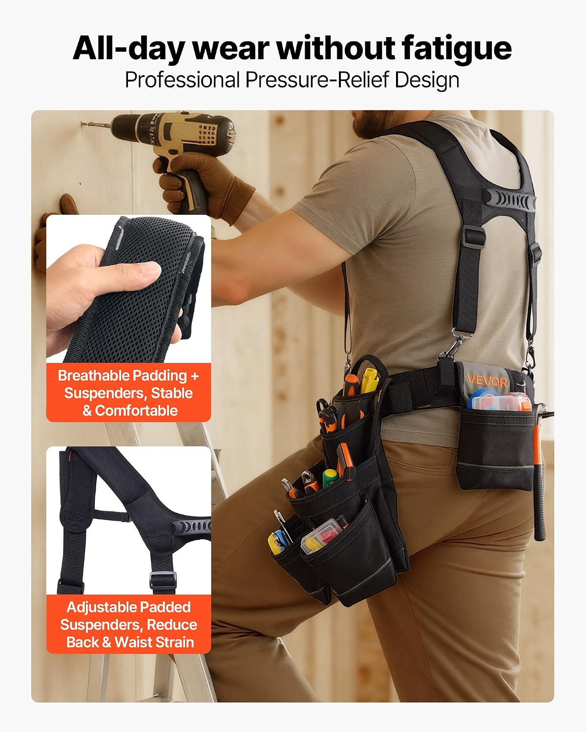 Tool Belt, 19 Pockets Tool Pouch with Suspenders for Men, Heavy Duty Adjustable