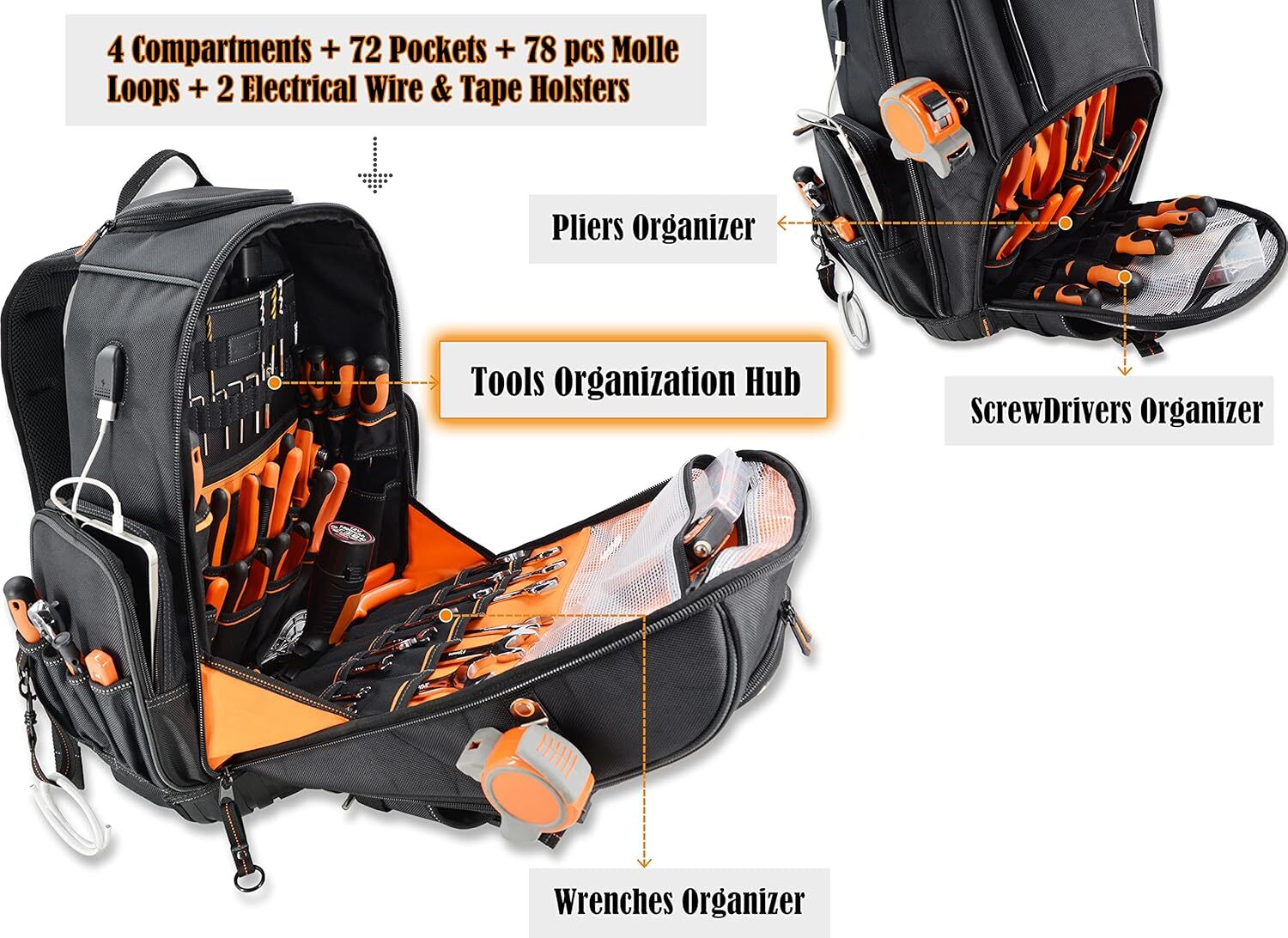 Wheeled Tool Backpack,Large Tool Kit with Wheels, Electrician’s Wheeled Tool Kit