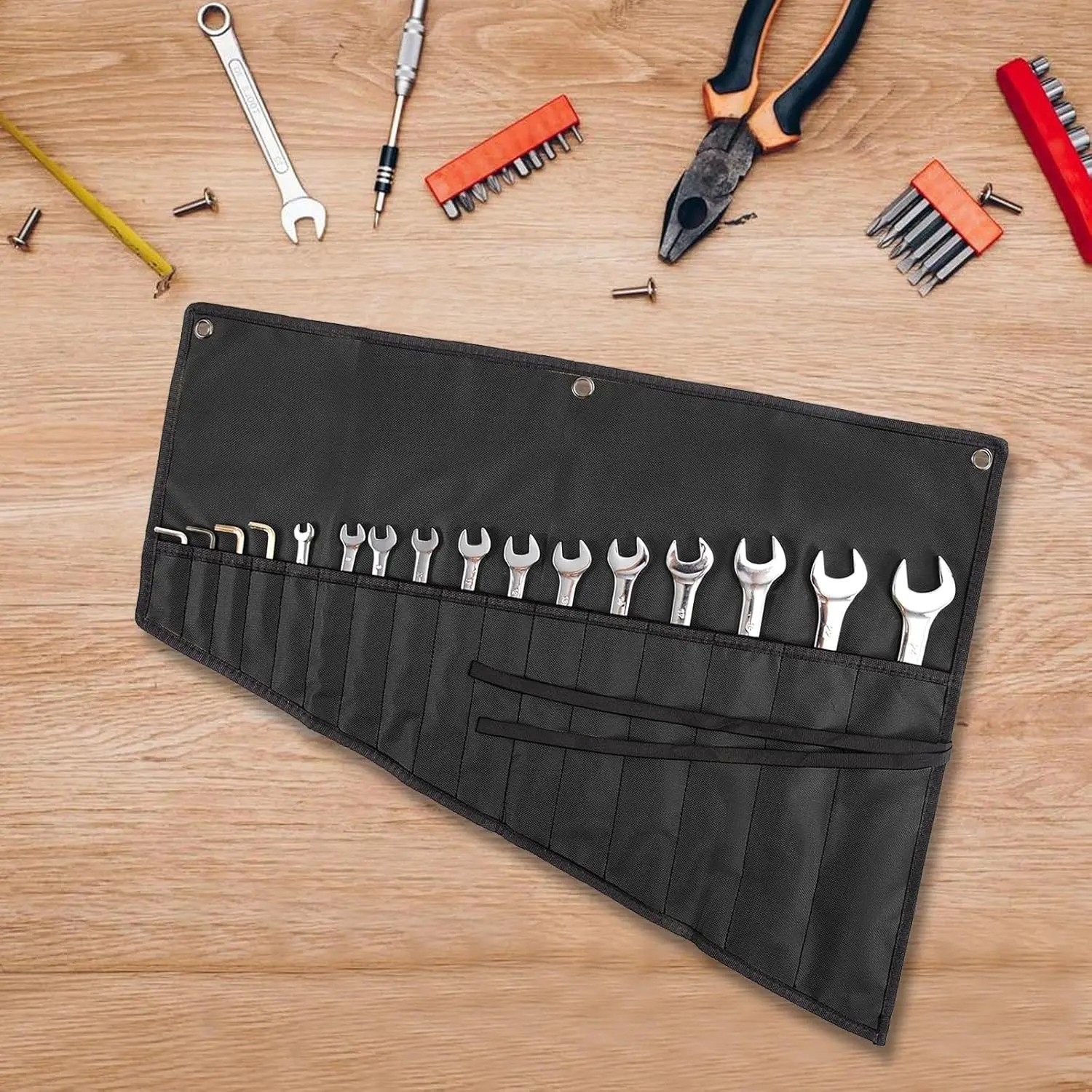 16 Pocket Wrench Roll Up Tool Bag Oxford Cloth Organizer for Garage & Mechanics