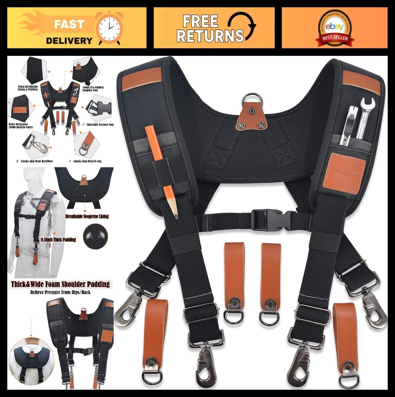 Heavy-Duty Leather Tool Belt Suspenders for Carpenters & Construction, Adjustabl