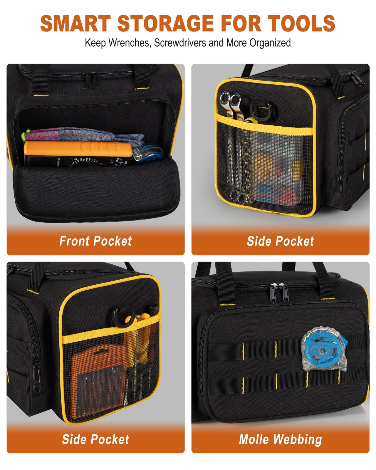 12-Inch Tool Bag with Multiple Pockets, Heavy Duty Tool Tote for Men, Black