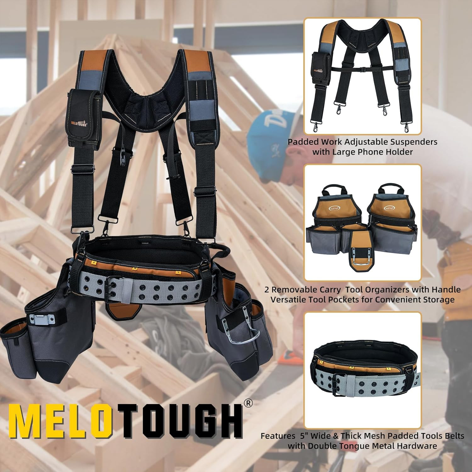28-Pocket Pro Framer’S Rig Combo Apron Tool Belt and Heavy Duty Padded Suspender