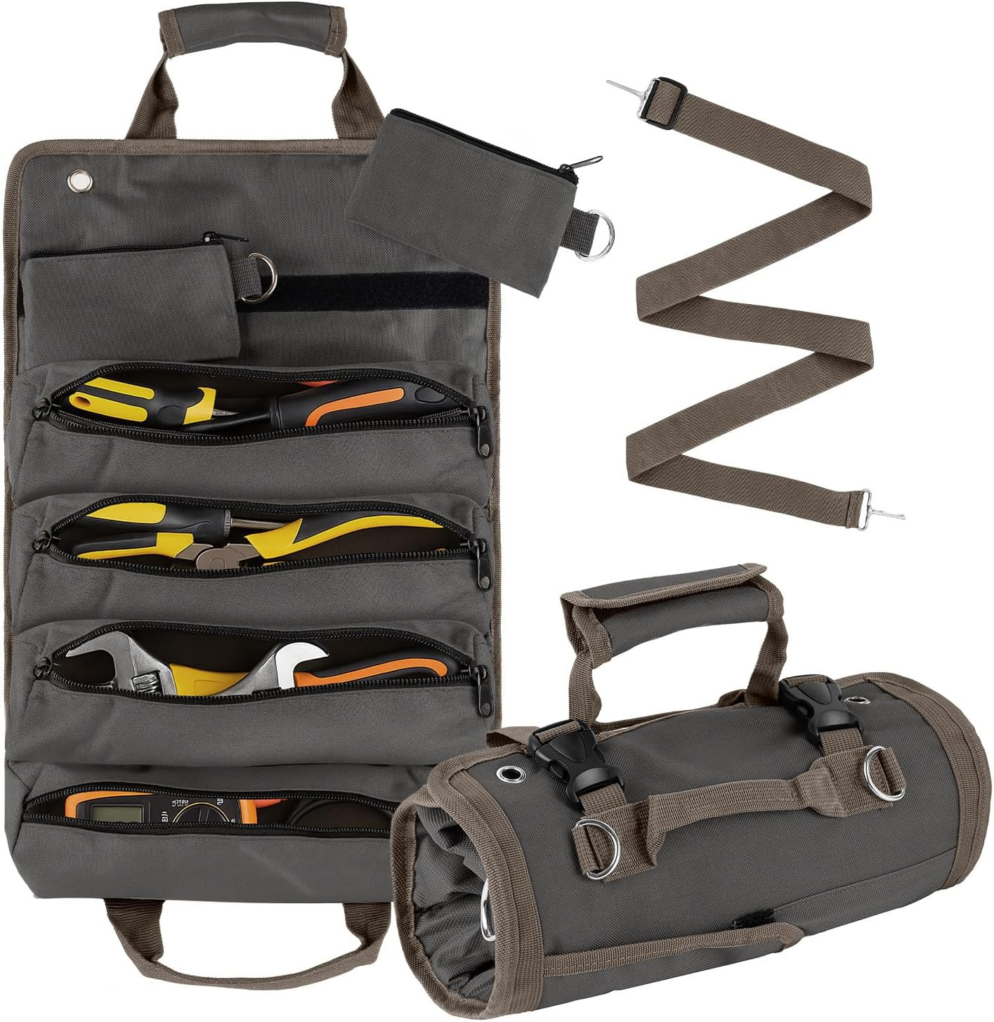 Roll Up Tool Bag for Men, Portable Tool Organizer with 4 Pouches Tool Roll and 2