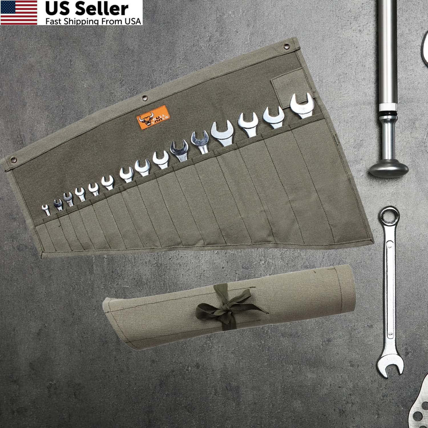 BULL TOOLS Wrench Roll, 16 Pocket Tool Large (16 – PKT), Washed Olive Drab