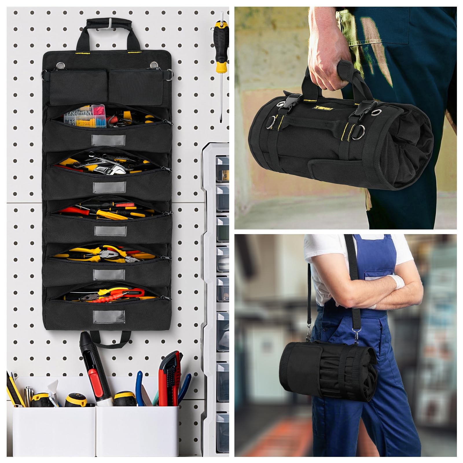 Tool Bag,Large Roll Up Bag Organizer,13 Pockets X-Large, Black
