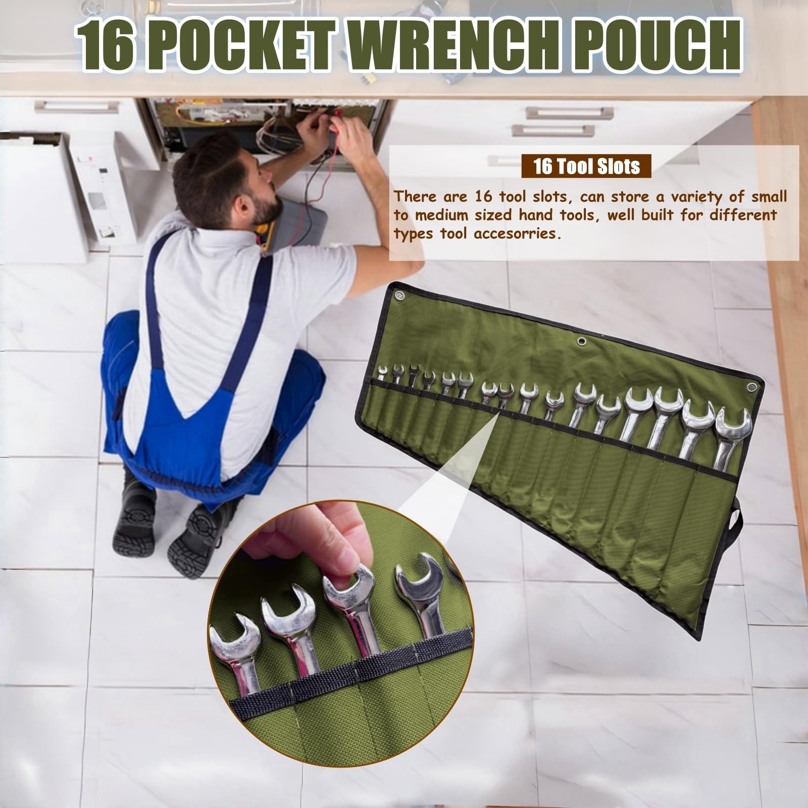 16 Pockets Wrench Roll Up Organizer, Bag and Tool Organizer Bag, Green