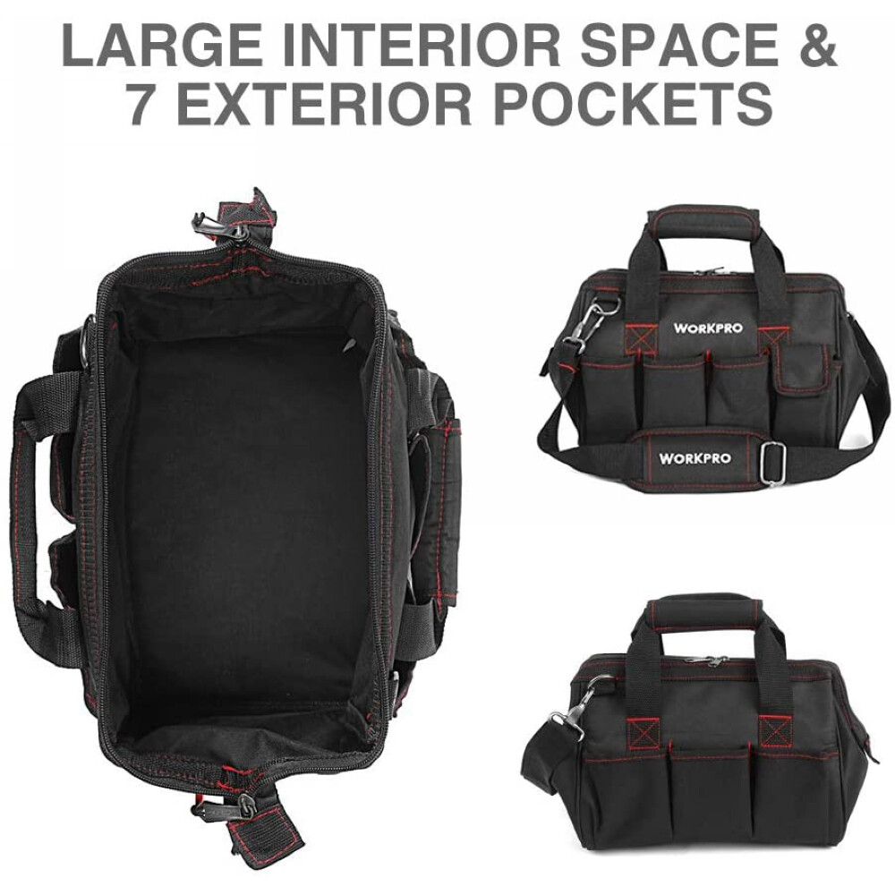 Workpro 12” Storage Tool Bag Close Top Wide Open Mouth Polyester Double Zipper