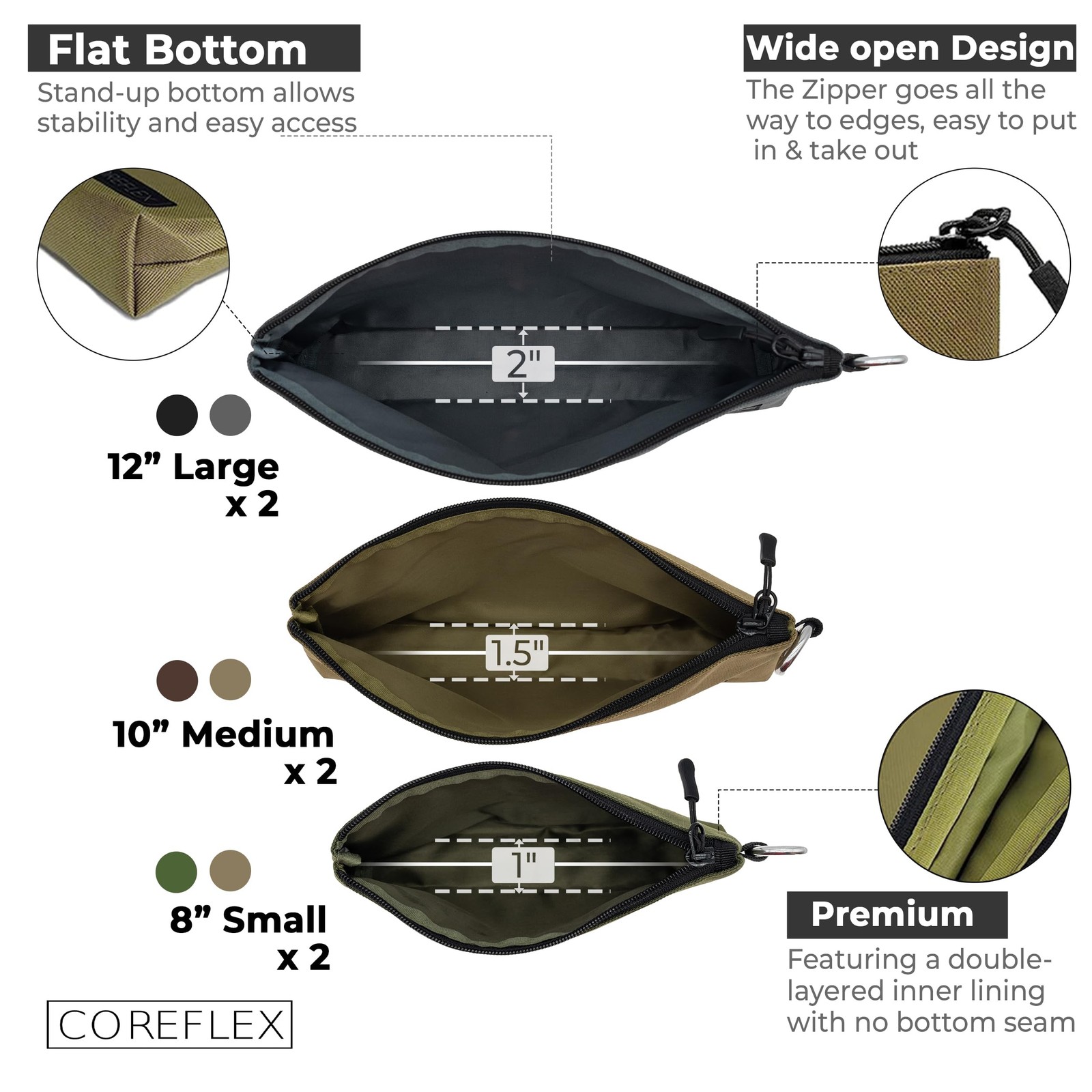 COREFLEX Premium Tool Pouch Zipper Bag, Small 6 pack Combo mixed size Khaki