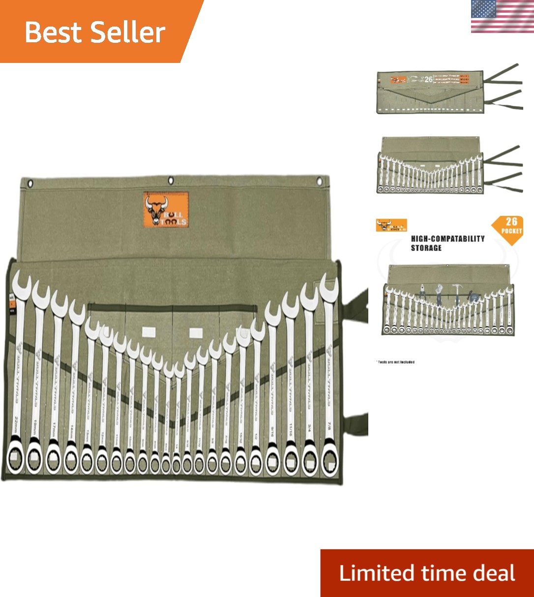 Durable Tool Roll Organizer – 26 Pockets for Wrenches in Sand Washed Olive Drab