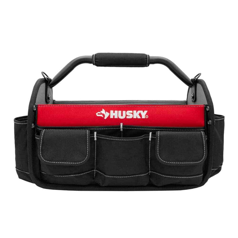 17 in. Open Top Weather Resistant Tool Tote Bag in Red with 18 total pockets and