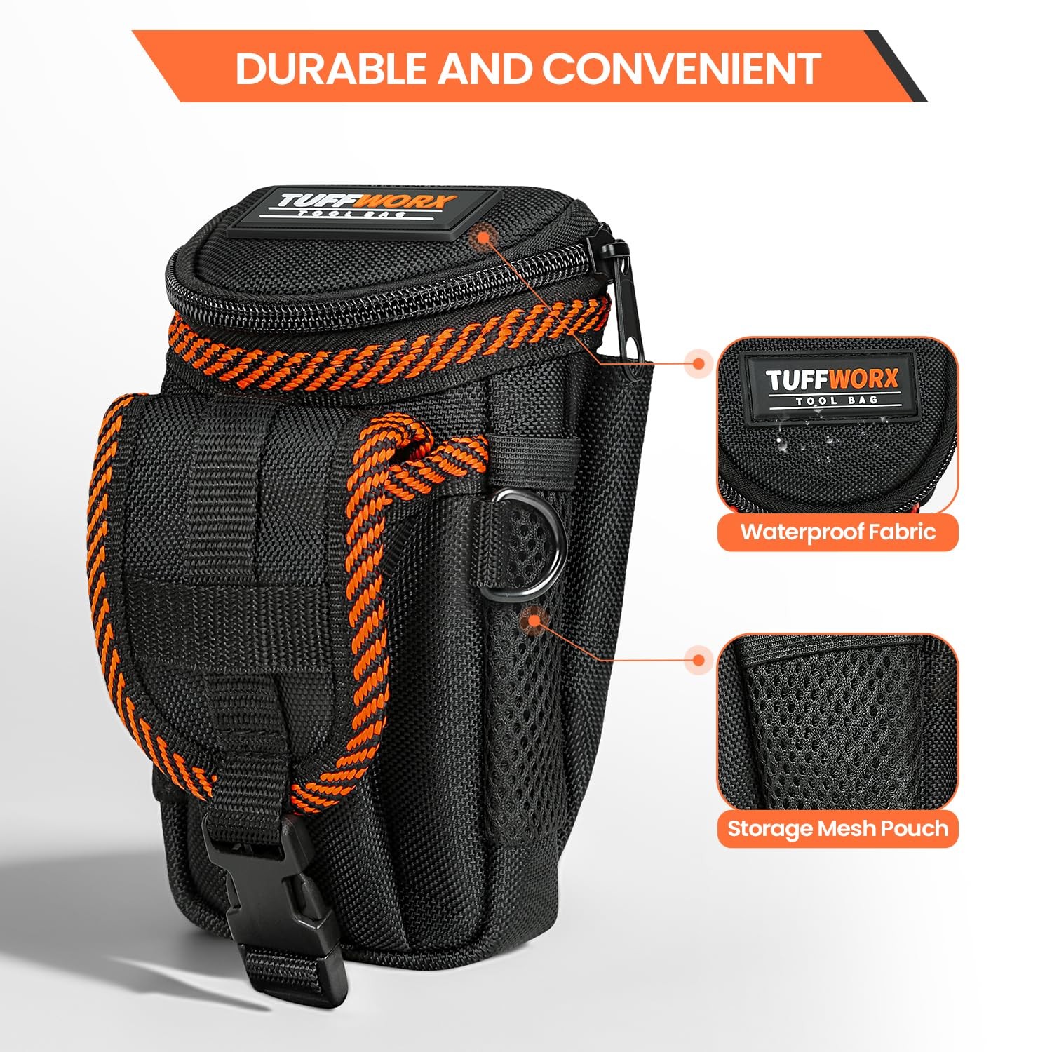 Tool Belt Pouch, Heavy Duty Utility Holder with Mesh Pocket, Black and Orange