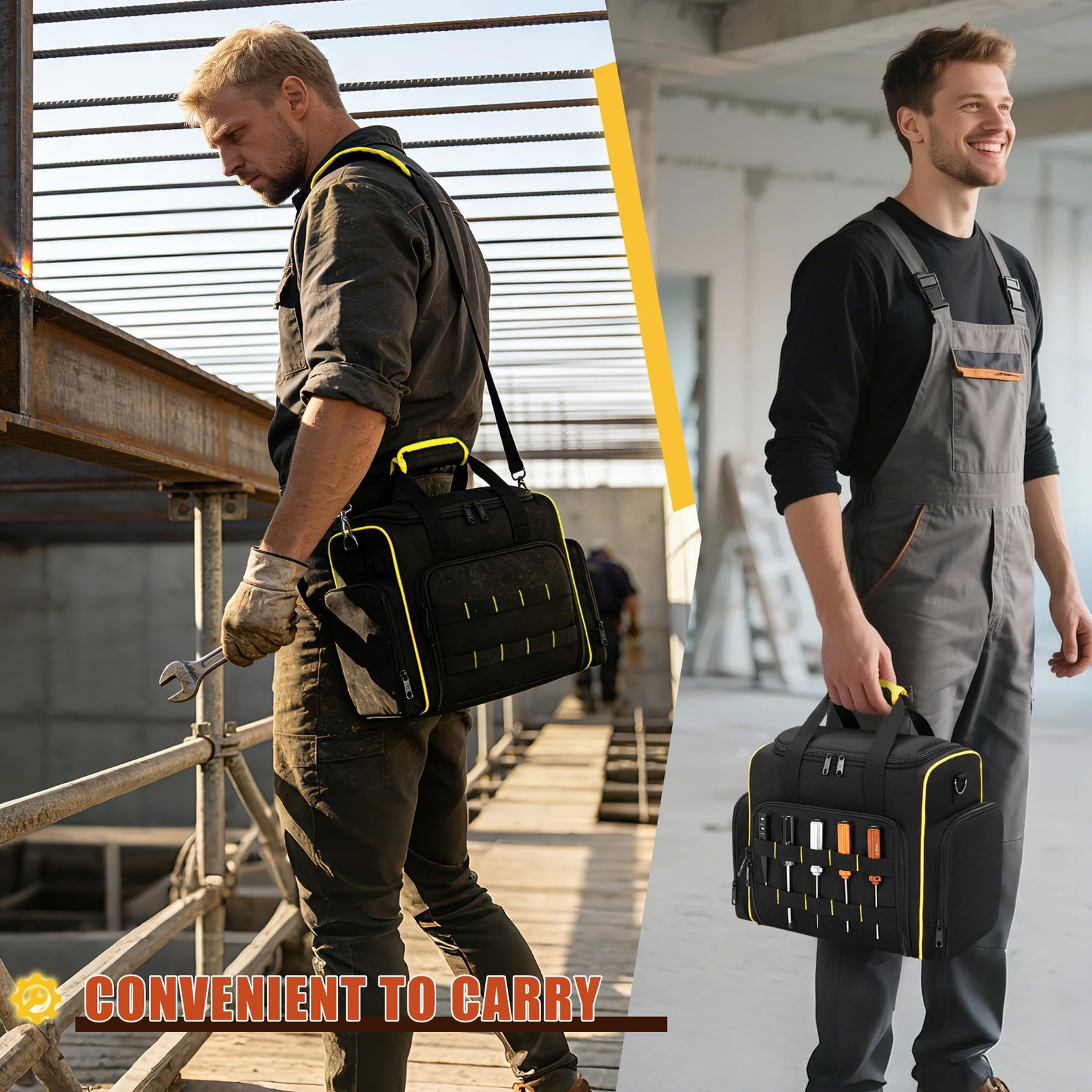 Tool Bag 3 Removable Cases 2 Layers Tote Hand Tools Black Yellow Binding