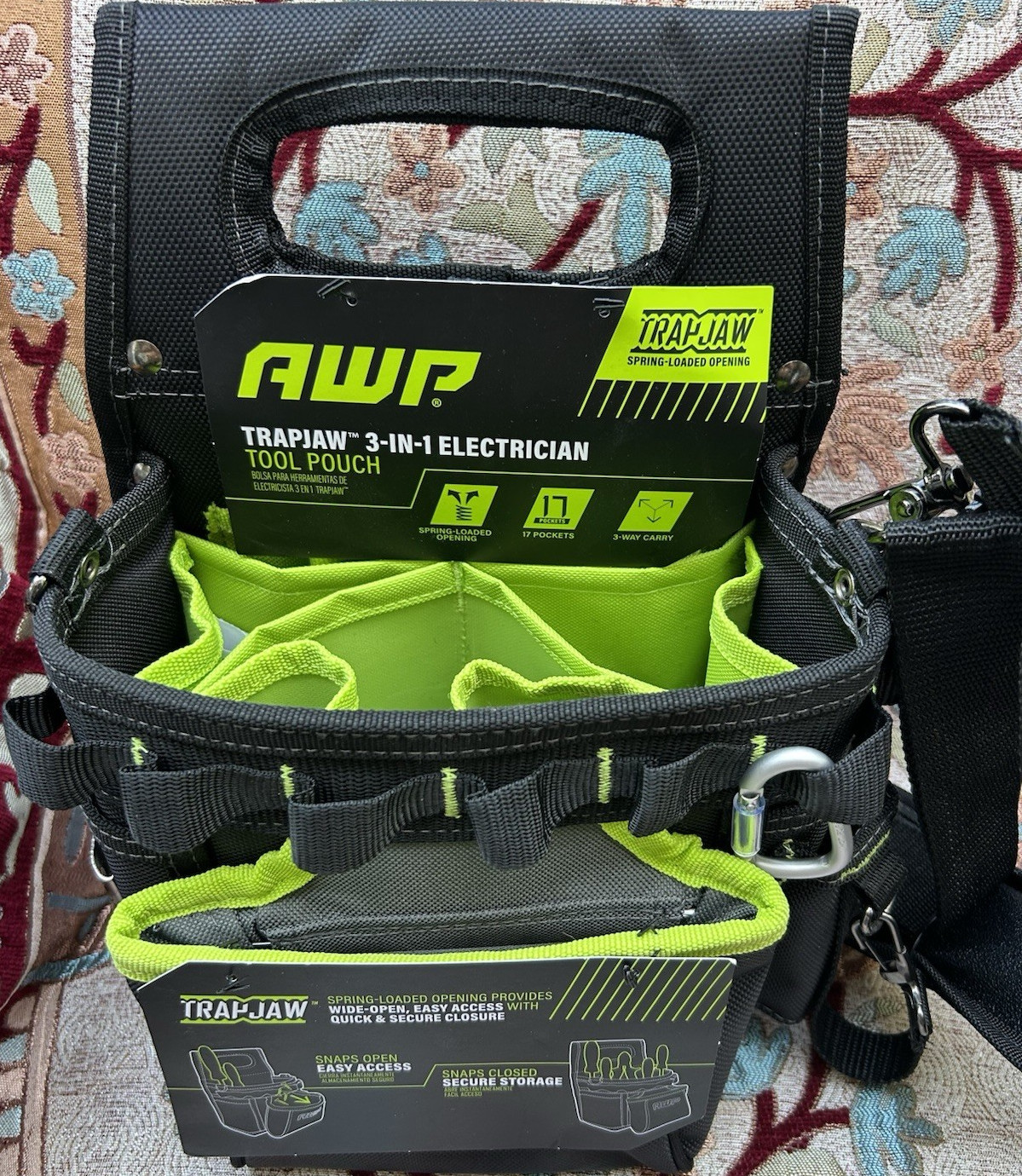 AWP TrapJaw 3-in-1 Electrician Tool Pouch, Adjustable Strap, Black/Green