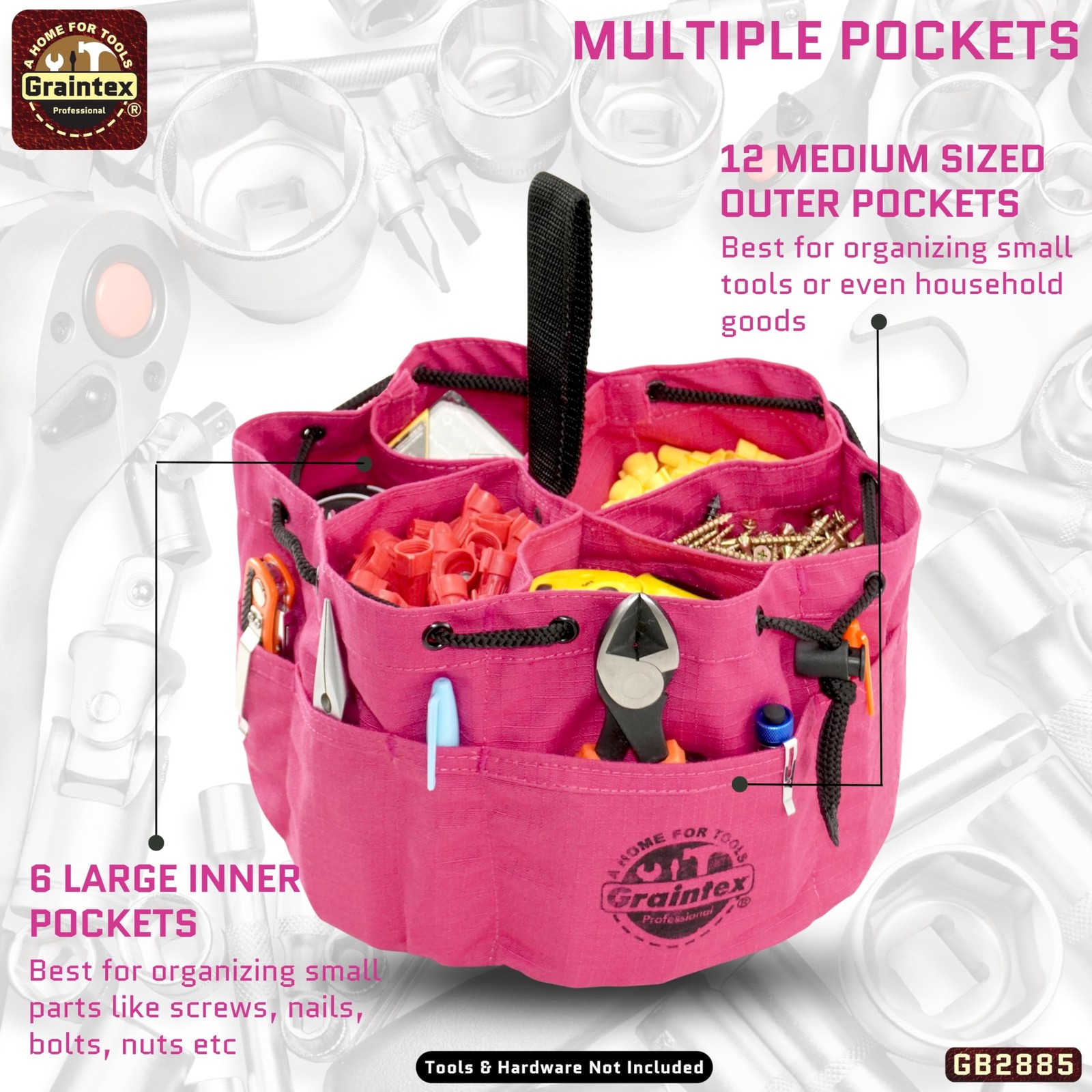 Pink Tool Grab Bag Durable Canvas Organizer with Drawstring Closure and Pockets