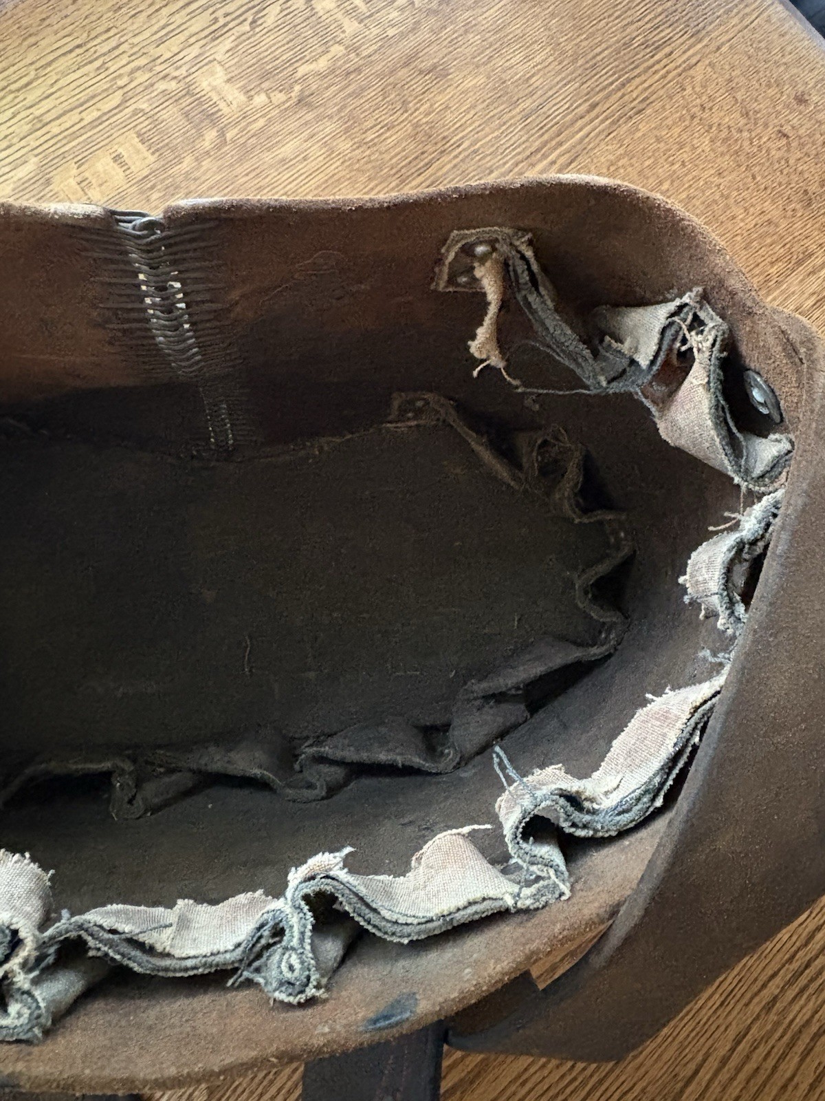Early 20th century industrial riveted & stitched mechanic Leather Wood tool bag
