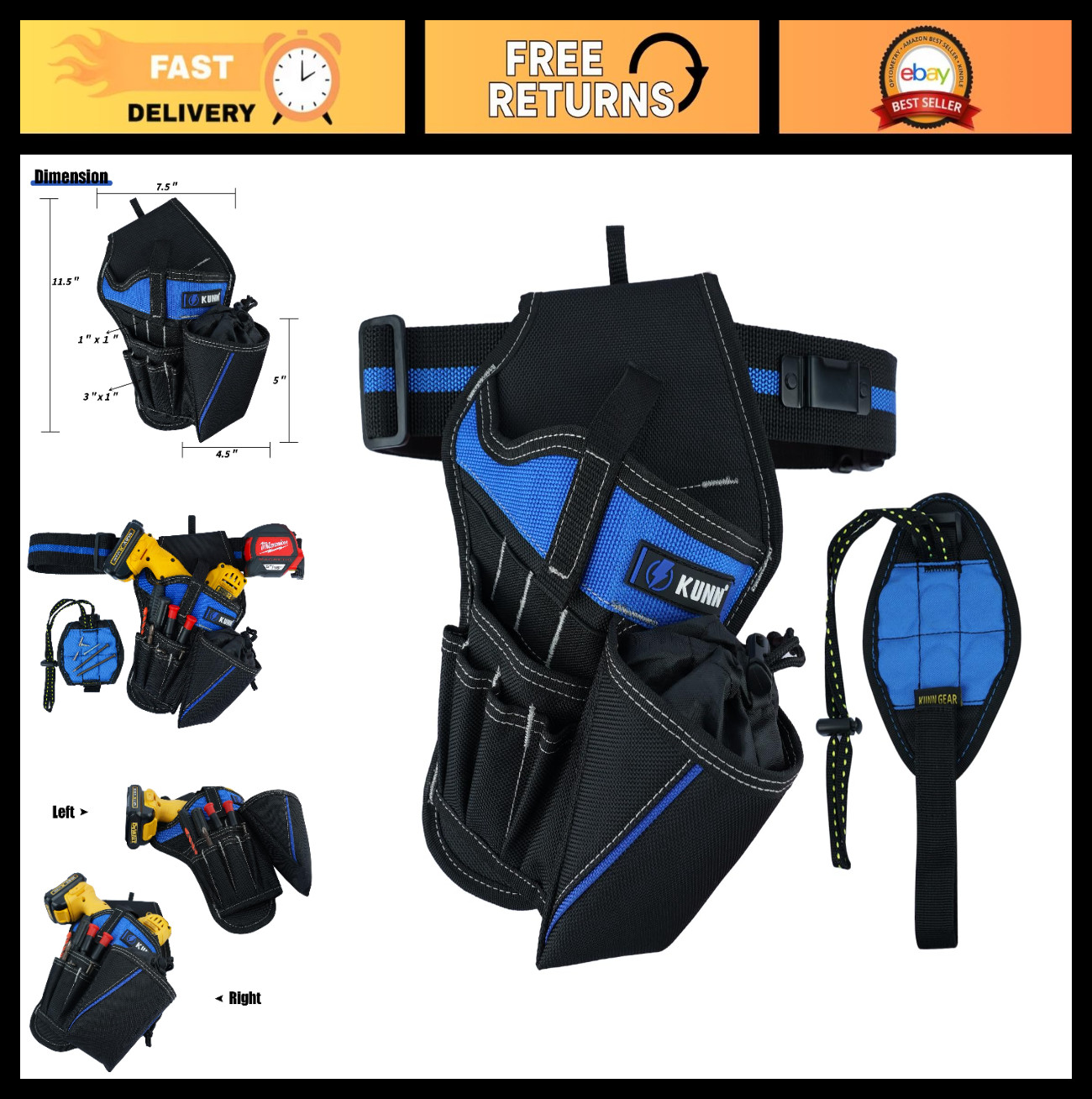 3-in-1 Right-Handed Drill Holster Set, Magnetic Wristband & Tool Belt, Impact Dr