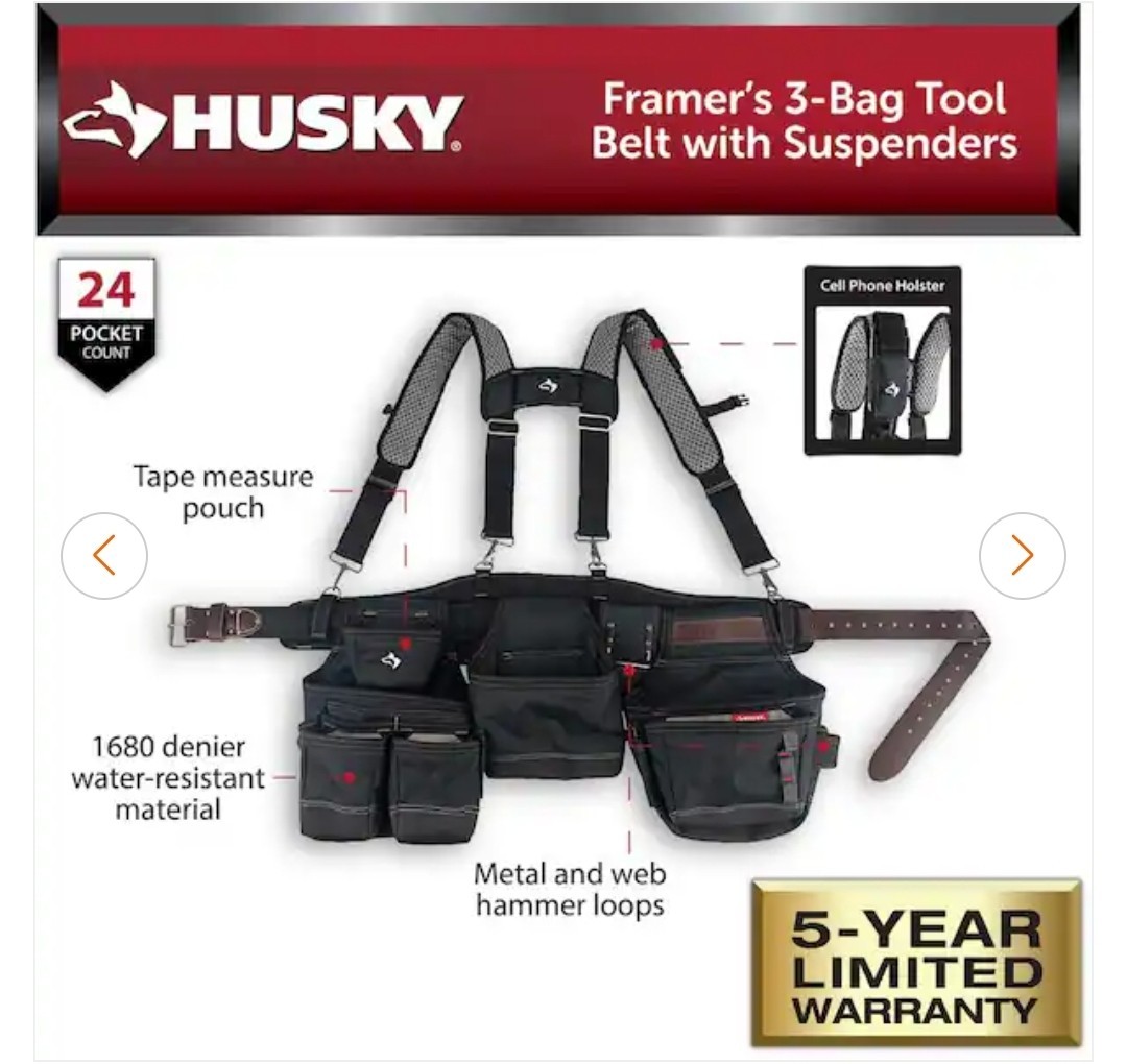 HUSKY FRAMERS 3-BAG WORK TOOL BELT W/ SUSPENDERS 24 POCKETS HEAVY DUTY PRO BELT