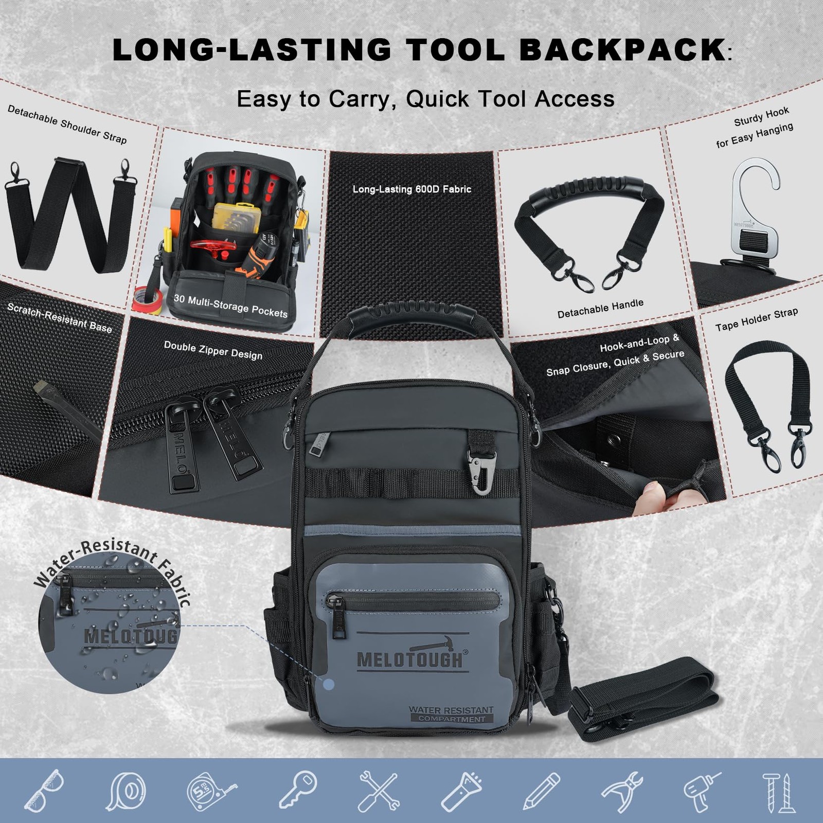 Melotough Small Tool Backpack For Men 30 Multi-Storage Pockets Heavy Duty Tool