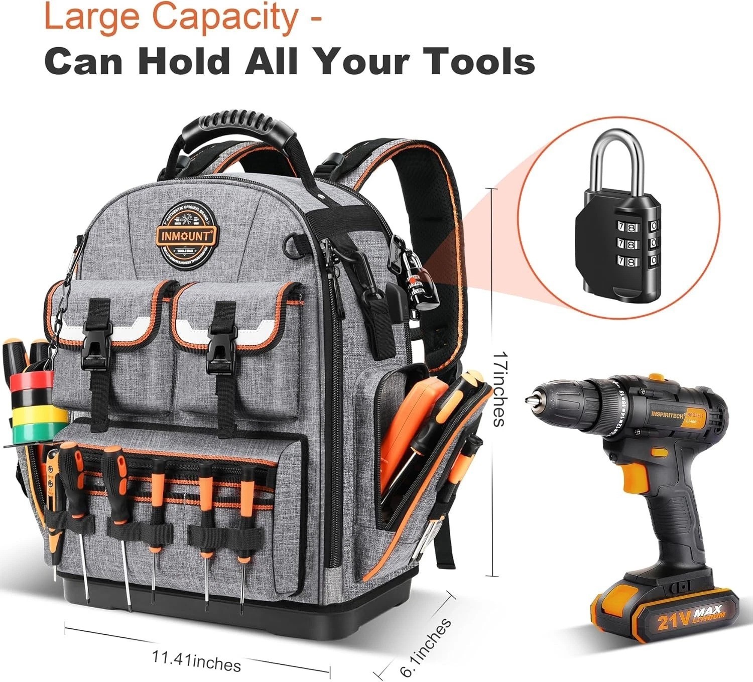 Professional Tool Backpack: Gray, 1680D Ballistic, Laptop Compartment
