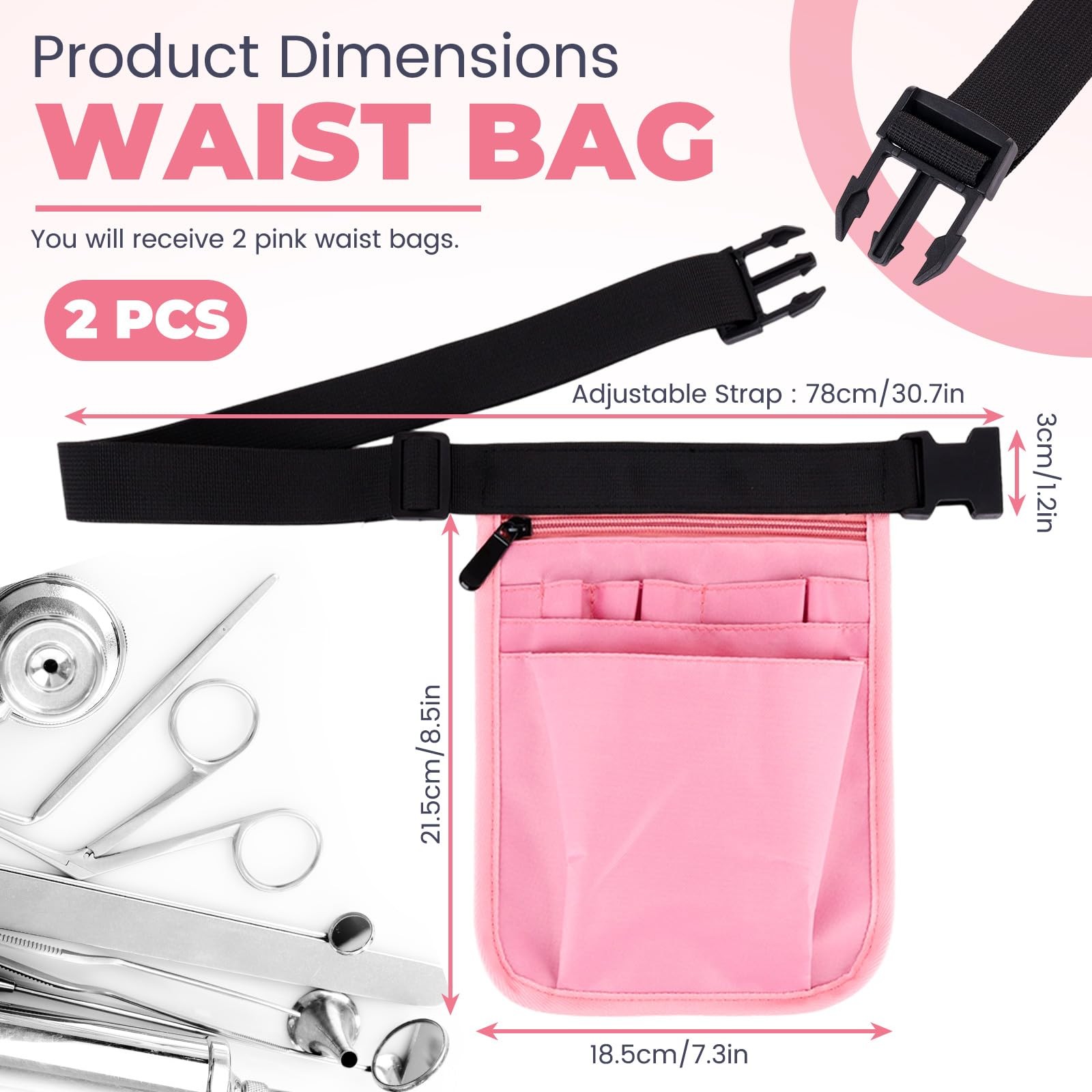 2 PCS Waitress Server Apron Nurse Fanny Pack Utility Tool Belt 10 Pocket Pink