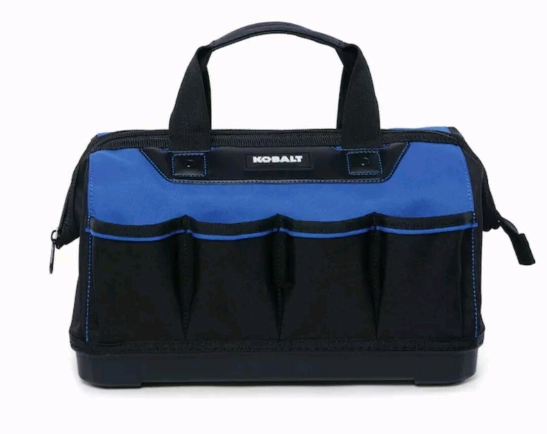 Kobalt 14-inch Hard Bottom Tool Bag, Waterproof Base, 8 Pockets. Black/Blue New