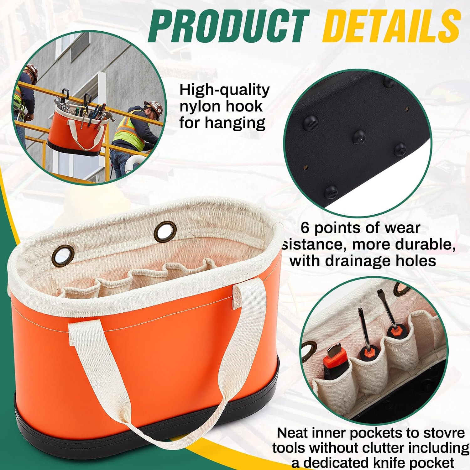 2 Pcs Orange Oval Hard Bucket Tool Organizer with Hook Holes, Nonconductive Plas