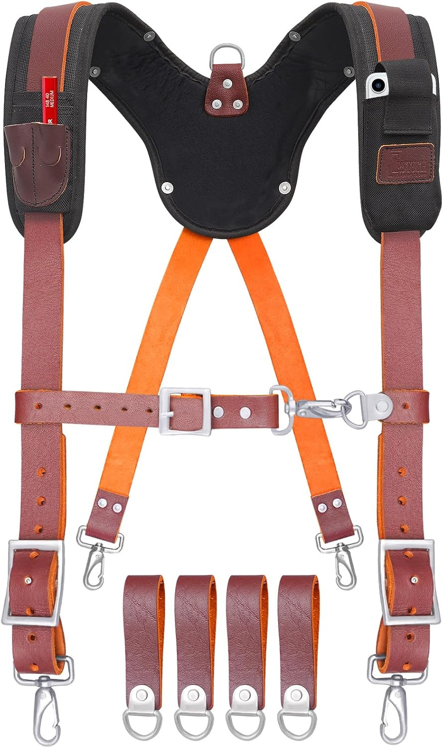 Leather Work Suspender with Cell Phone Pocket | Fully-Adjustable Padded Heavy Du