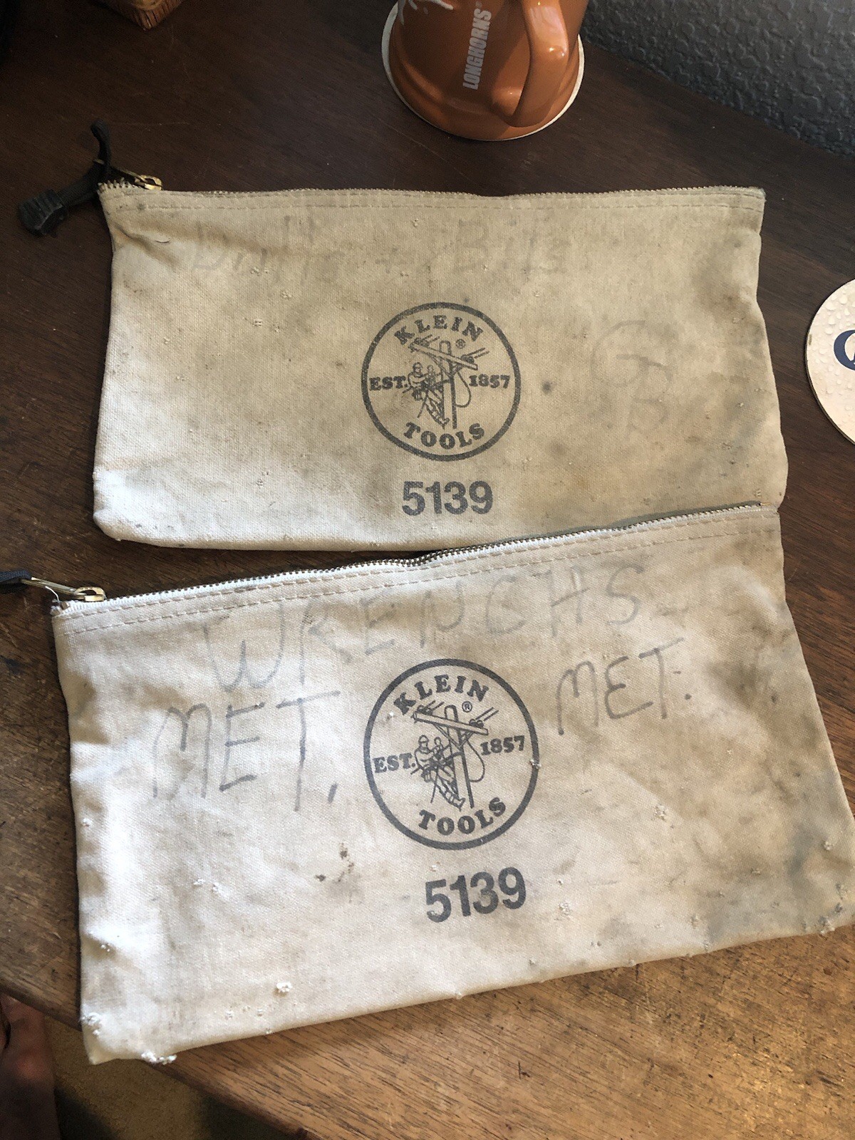 2 Vintage Klein Tools 5139 Small Canvas Zipper Tool Pouch Beige 11x7x2 inch USA