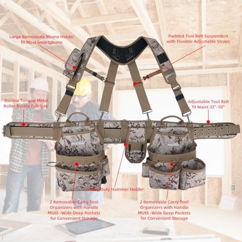 Camo Tool Belt with Suspenders Camouflage Tool Pouch Supenders Framers Combo Apr