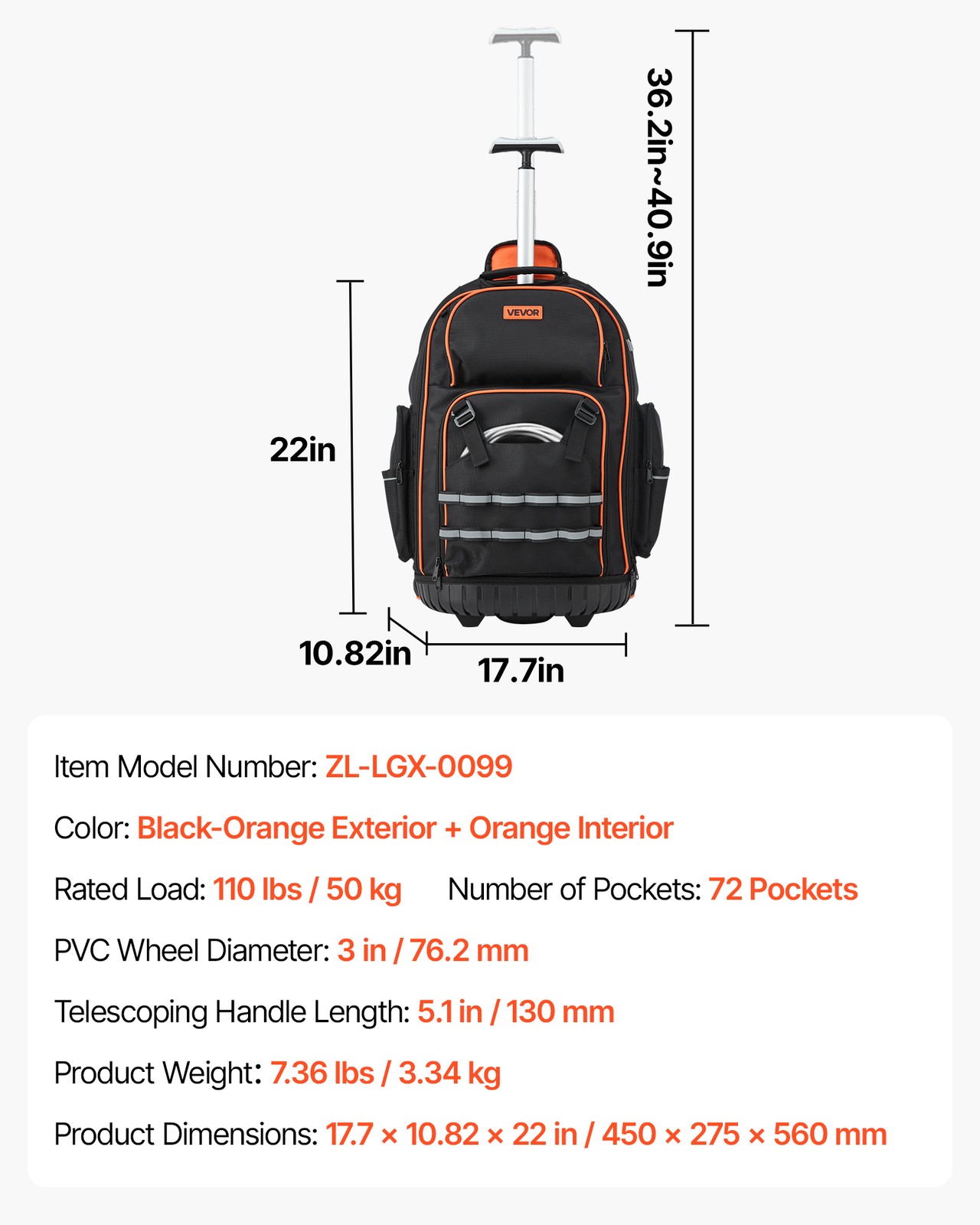 VEVOR Rolling Tool Backpack 72 Pockets Heavy Duty Roller Tool Bag on Wheels