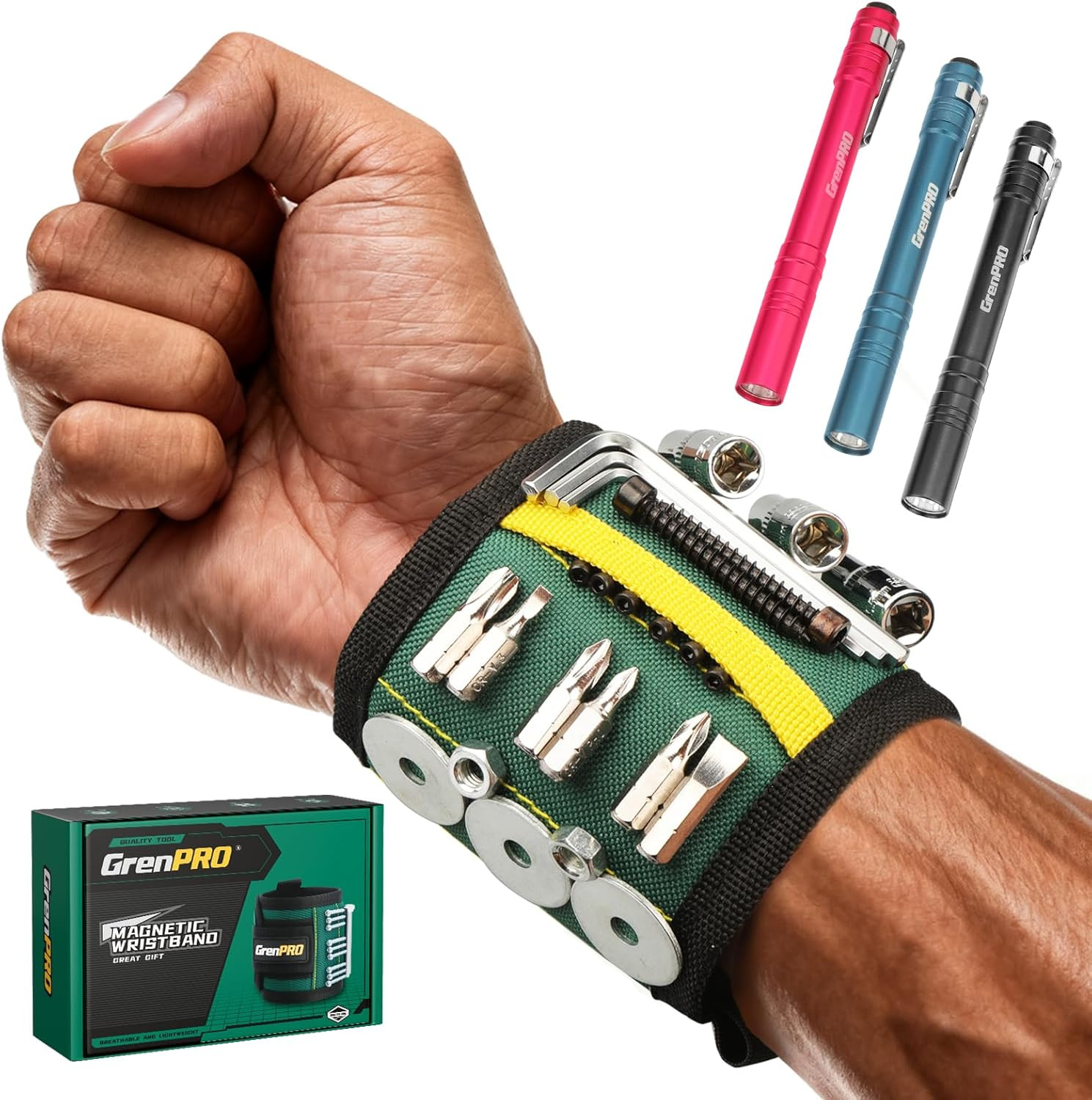 GRENPRO Magnetic Tool Wristband with 3 LED Flashlights Heavy Duty Oxford Belt fo