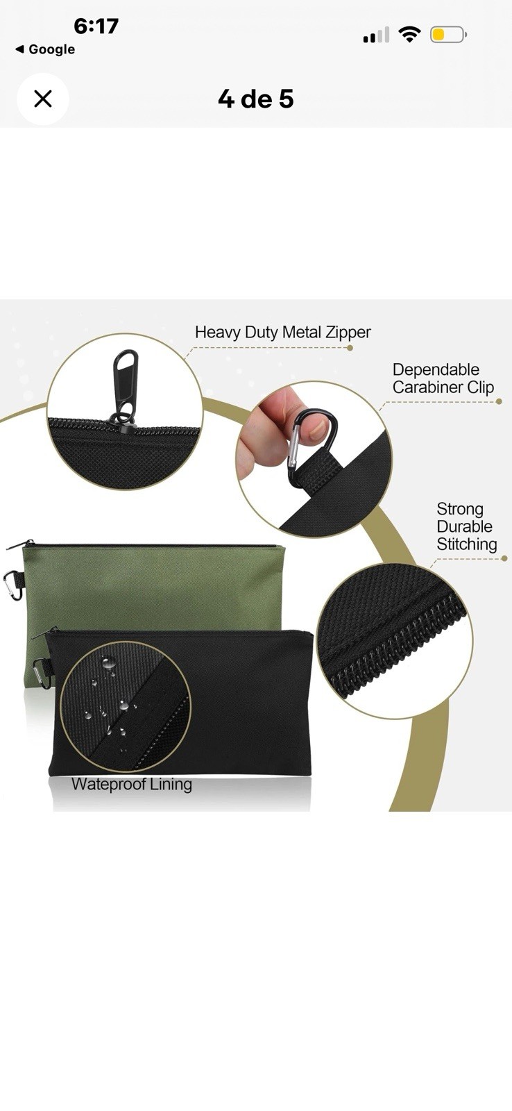 4-Pack Tool Pouch Zipper Bags w/ Carabiner Clips Waterproof Lining 12.6×7.5″