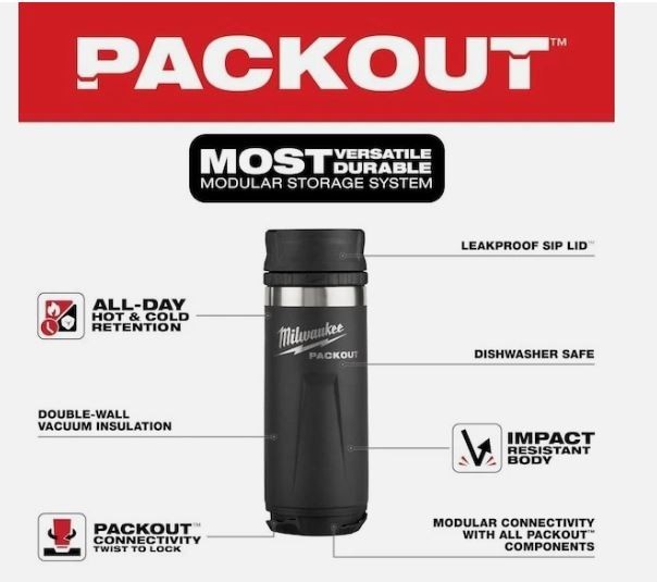 Milwaukee 18Oz Insulated Mug Bottle Black Packout 48-22-8395B NEW