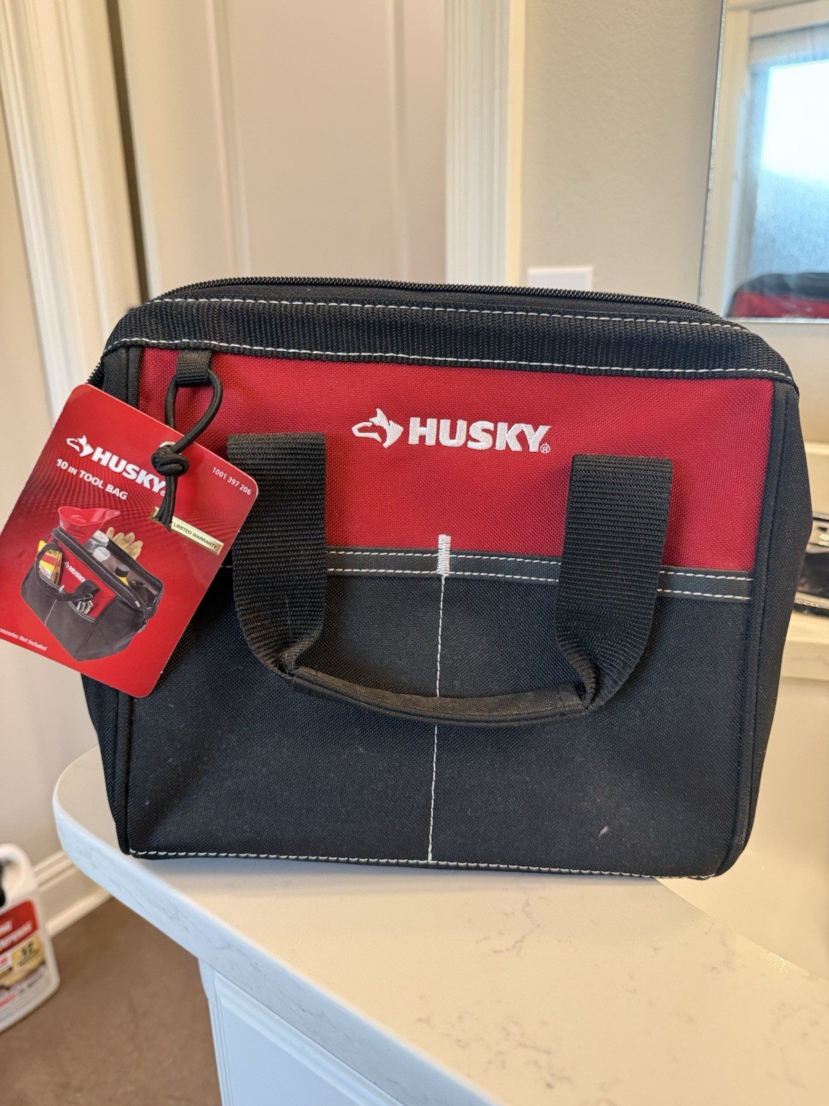 Husky 10 in Red/Black Polyester Tool Bag w/ Handle, Zip Closure