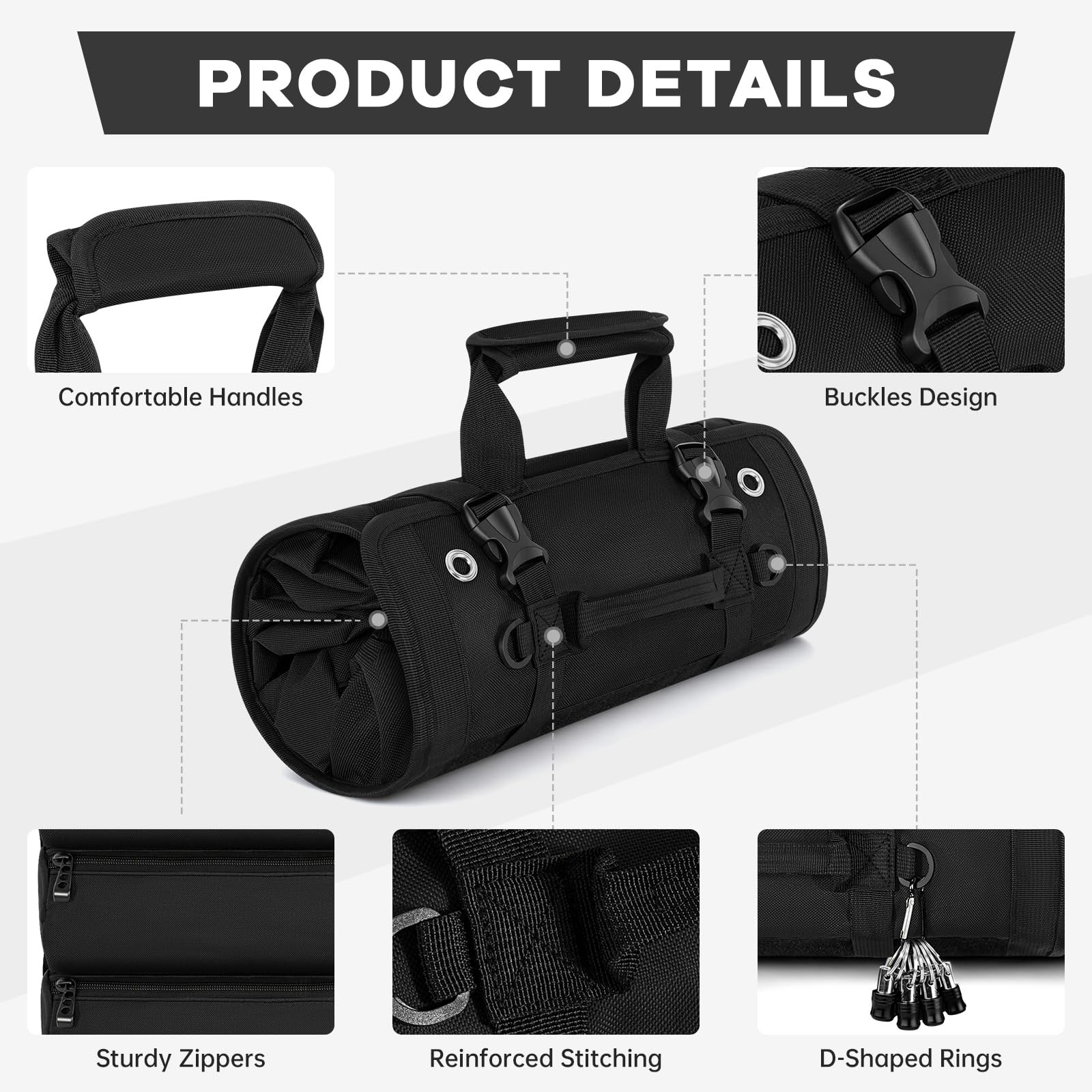 Black Standard Heavy Duty Roll Up Tool Bag Organizer 2 Detachable Pouch Garage