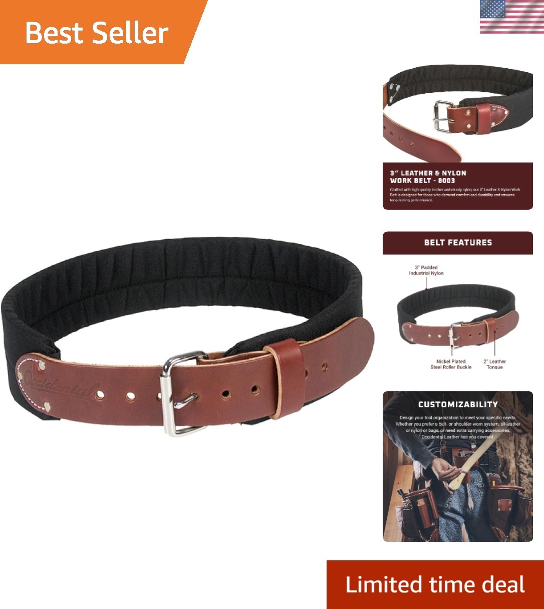 X-Large 3″ Leather & Nylon Tool Belt with Steel Roller Buckle – Made in USA