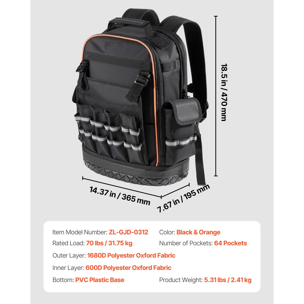 Tool Backpack 64 Pockets Tear-resistant Jobsite Organization Bag for Electrician