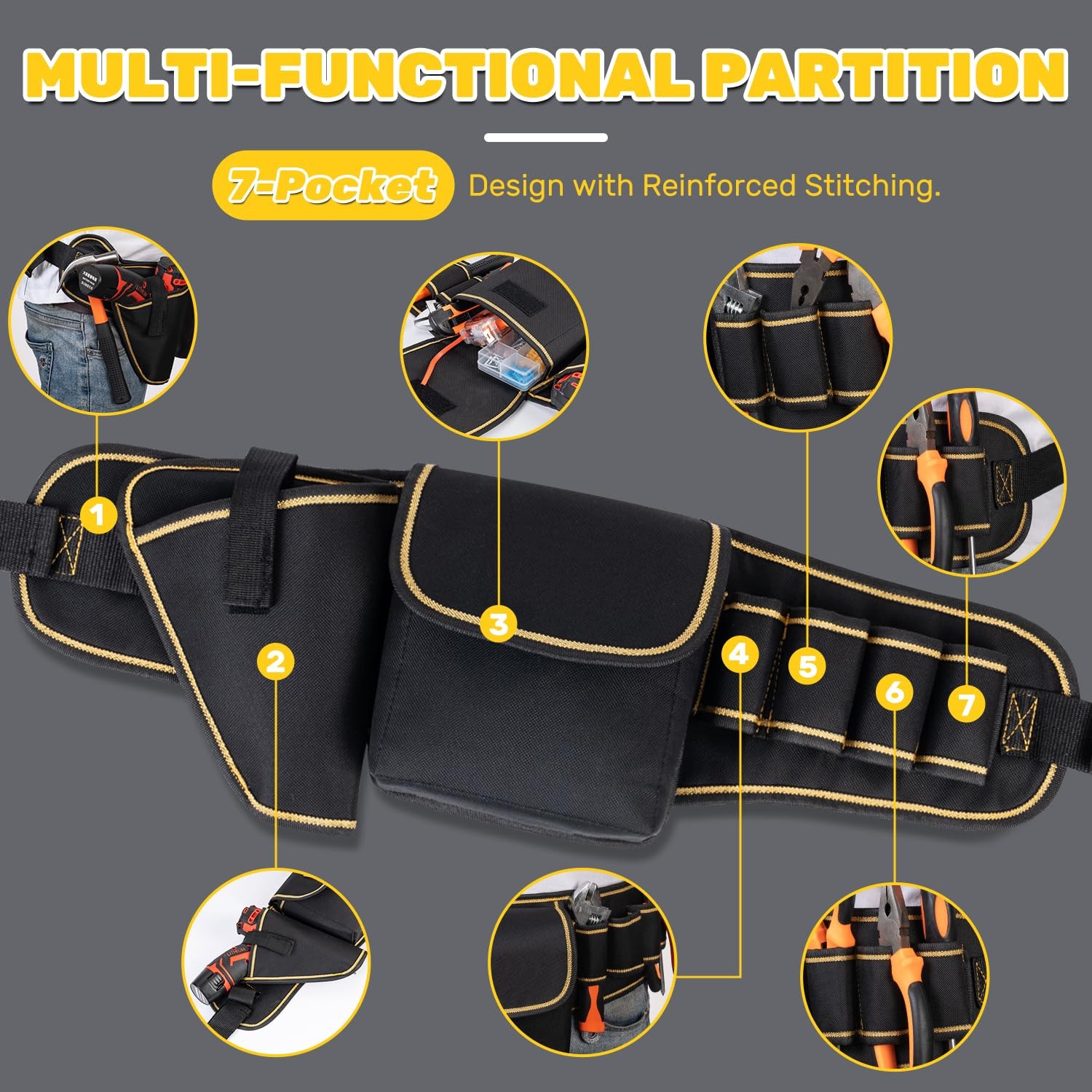 7Pocket Construction Tool Belt Adjustable Waist Drill Pocket MultiPocket Bag