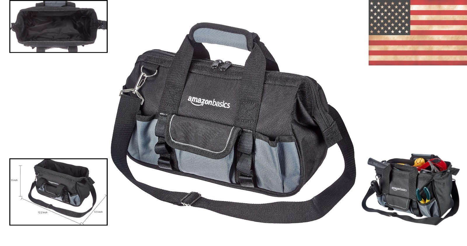 Compact Tool Organizer with 16 Pockets and Adjustable Strap – 12in Black/Gray