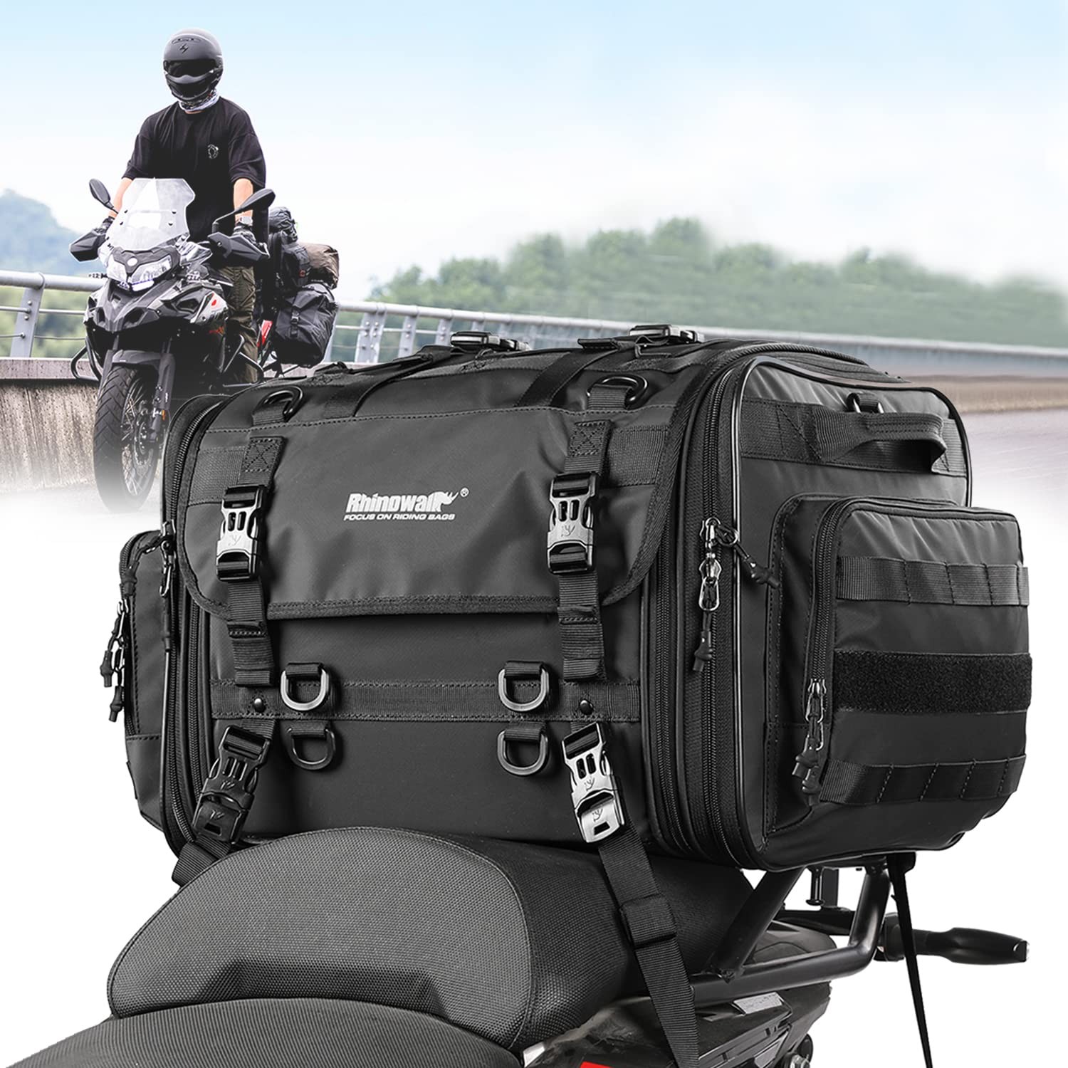 Motorcycle Tail Bag Expandable Motorcycle Travel Luggage 60L Waterproof All W…