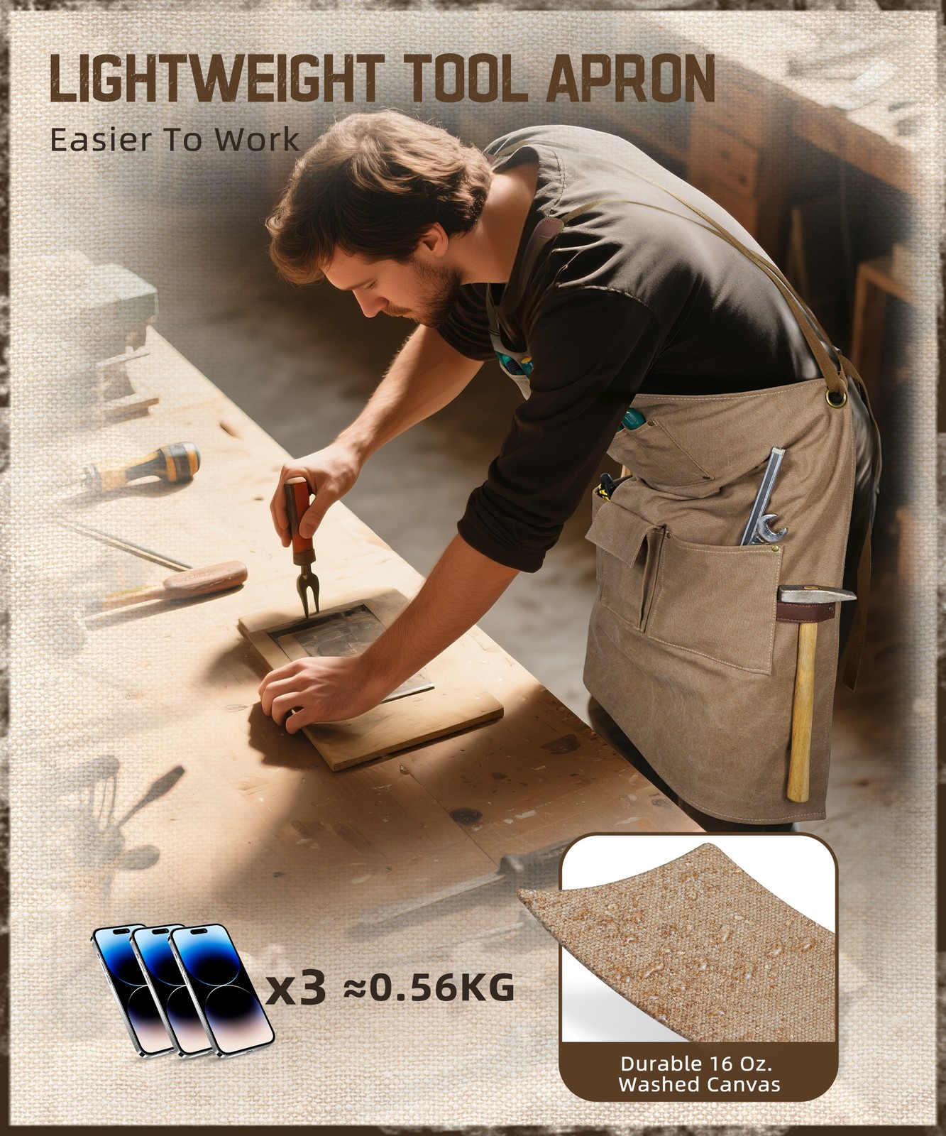 Canvas Cross Back Woodworking Tool Apron Heavy Duty Adjustable Work Apron Unisex
