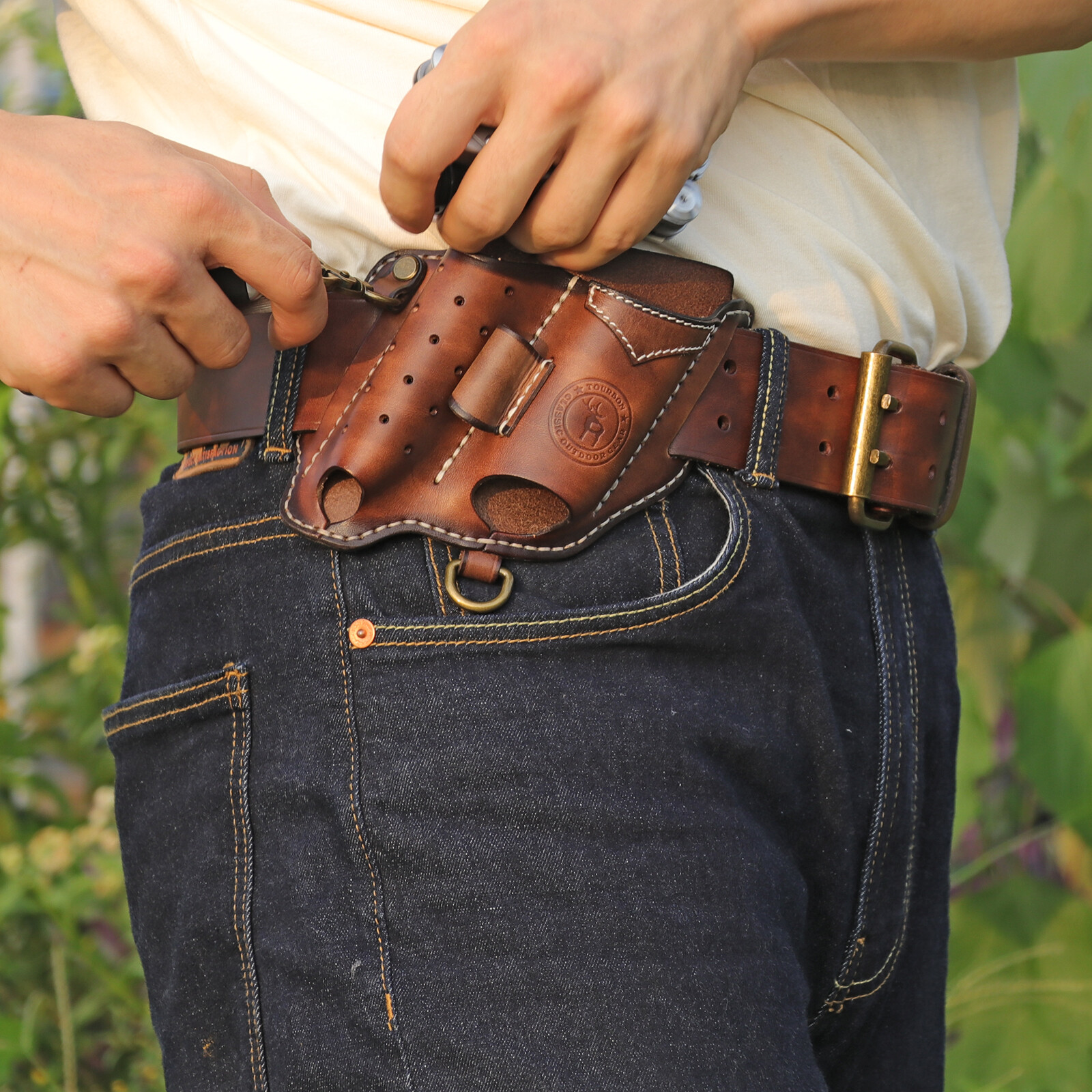 TOURBON Leather EDC Multitool Pouch Flashlight Holder Knife Belt Holster Camping